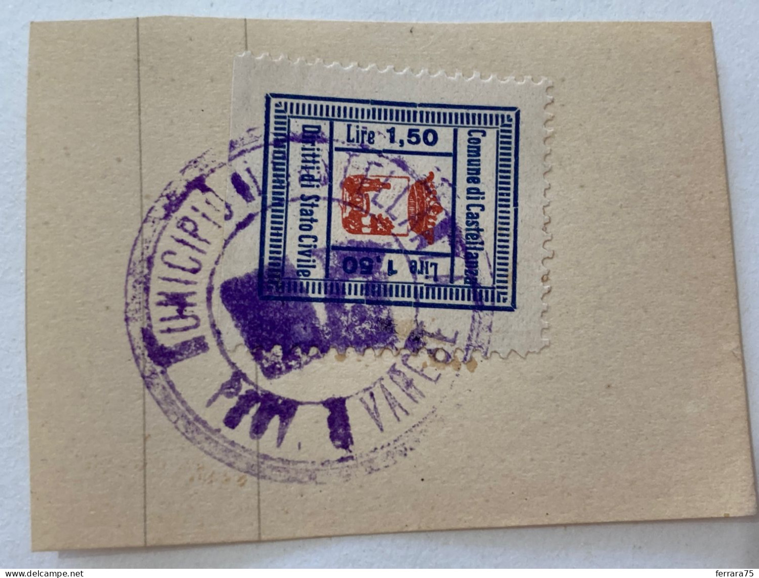 MARCA DA BOLLO SU FRAMMENTO DIRITTI DI STATO CIVILE COMUNE DI CASTELLANZA.17 - Revenue Stamps