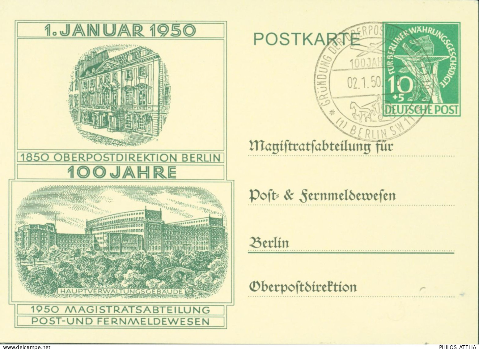 Postkarte Entier Deutsche Post 10+5 Vert Gründung Der Oberpostdirektion Berlin 100 Jahre CAD 02 1 50 - Postales - Usados