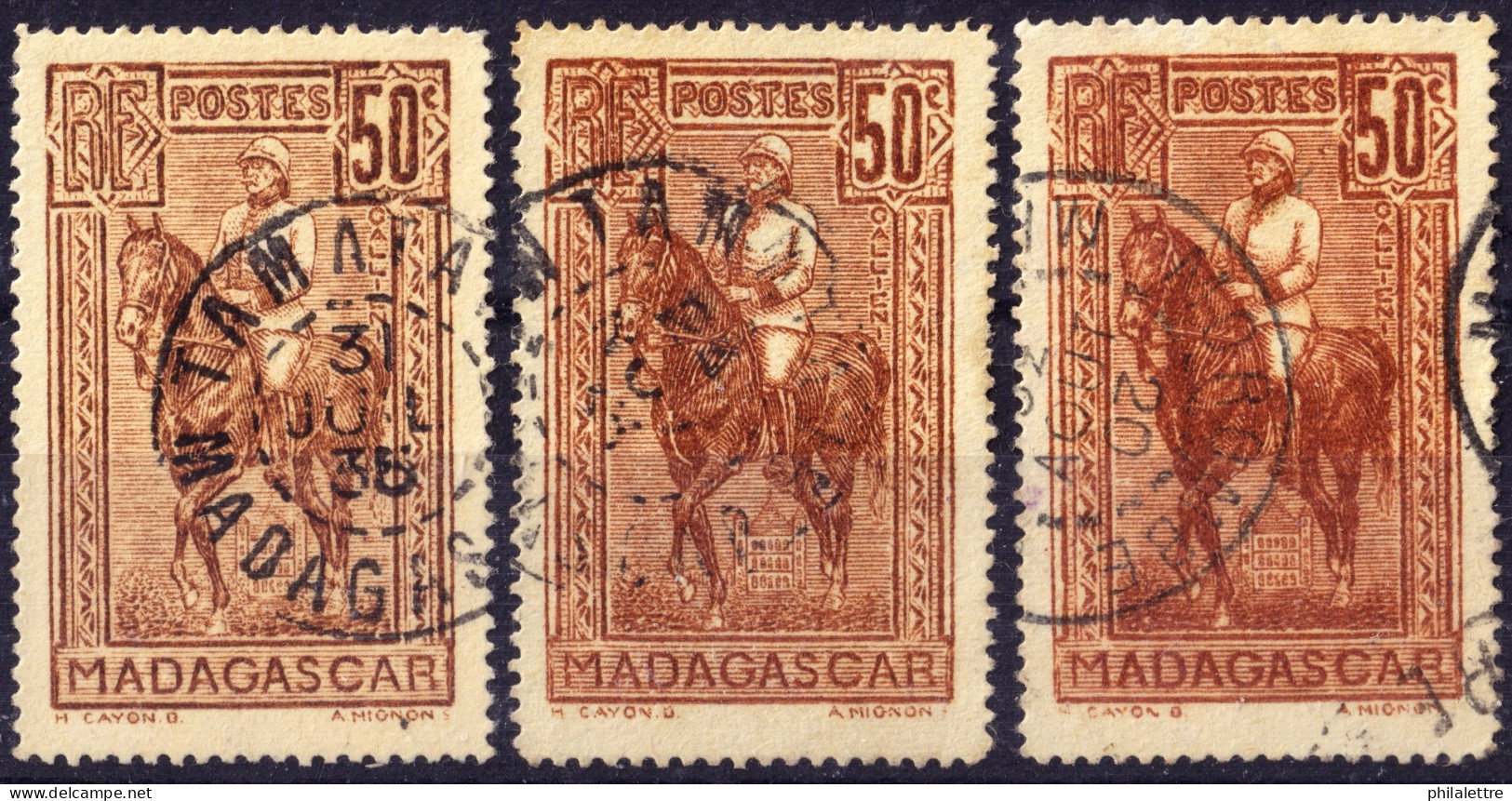 MADAGASCAR - 1931 - TàD De TAMATAVE Et De MOROMBE Sur Yv.184 50c Galliéni Gravé En 3 Nuances Différentes - TB - Usados