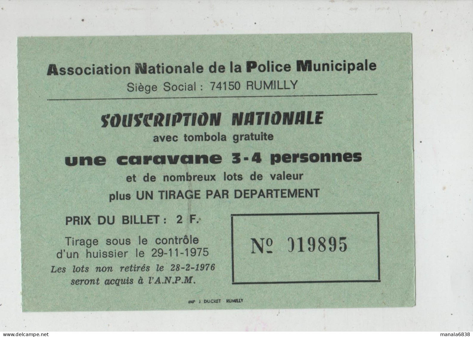 Souscription Nationale Police Municipale Rumilly Billet Tombola  Caravane 1975 - Non Classés