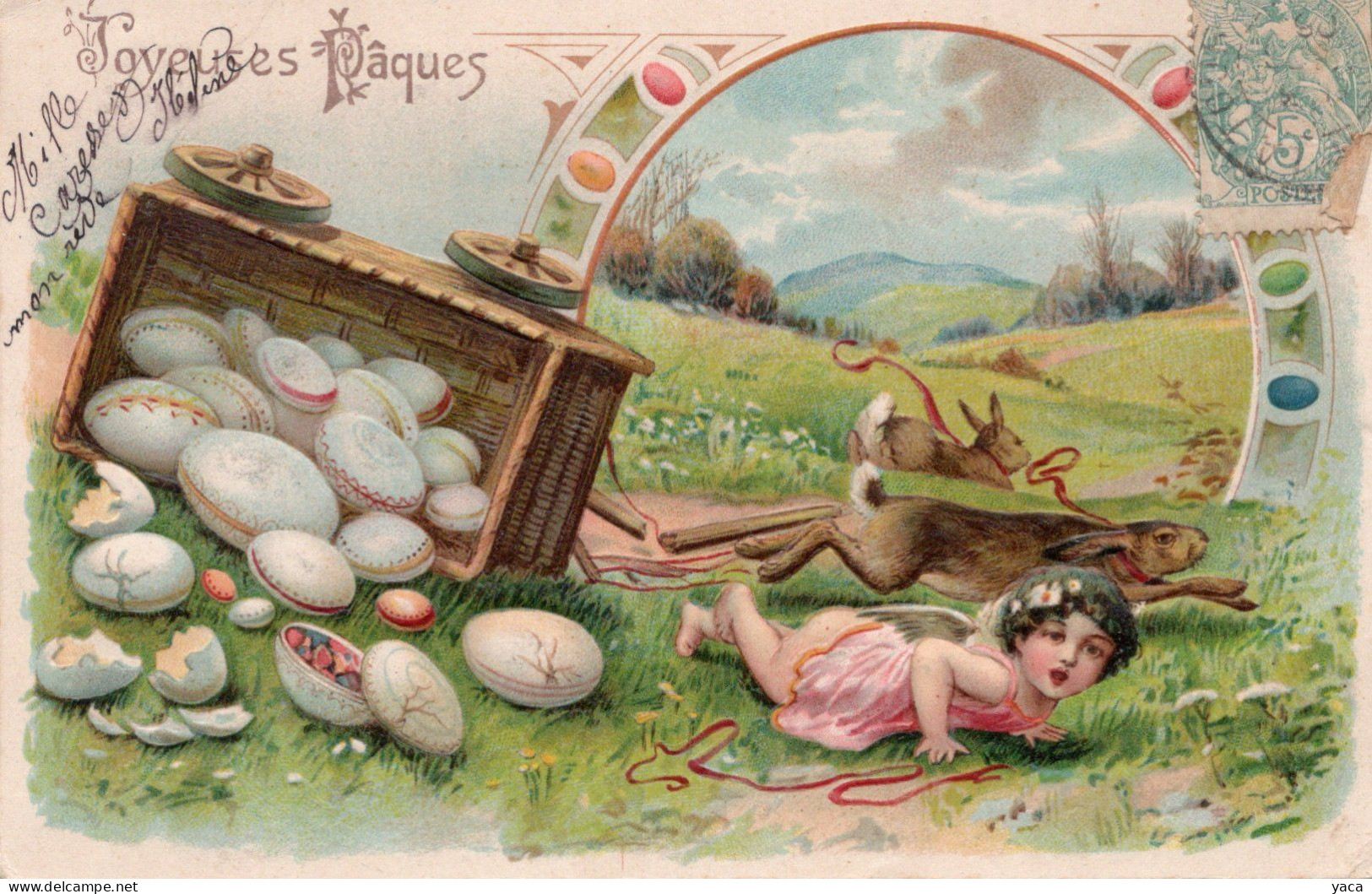 Accident - Attelage De Lièvre Cariole Remplie D'oeufs Et Ange Renversés -   En Relief Gaufré - Pâques - Carte Pionnière - Anges