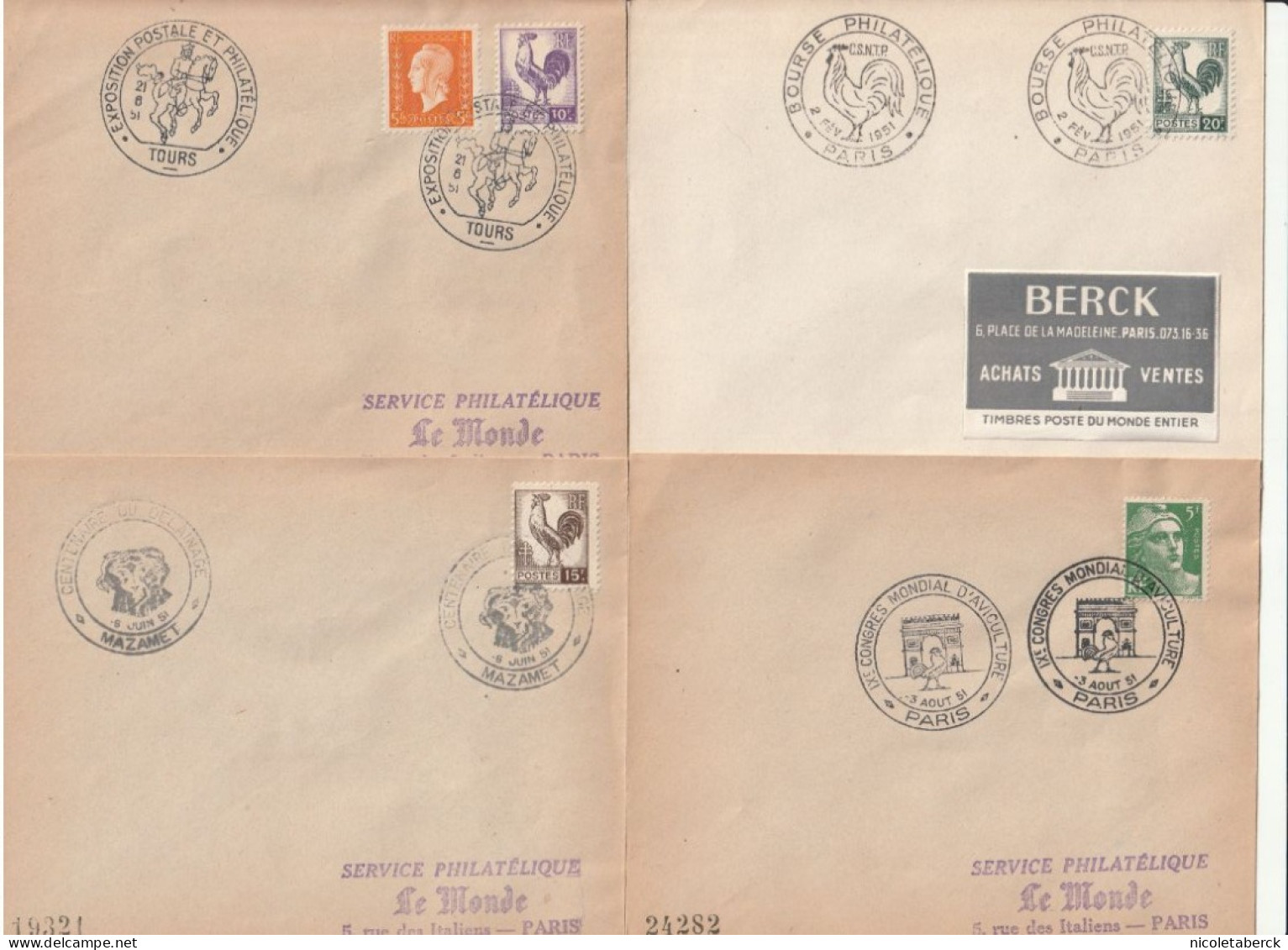 Coq Et Marianne D'Alger. 3 Enveloppes N° 646/8 Cote 500€ Rare, La 4éme  Le Congrès De L'aviculture, Collection BERCK. - 1944 Coq Et Marianne D'Alger