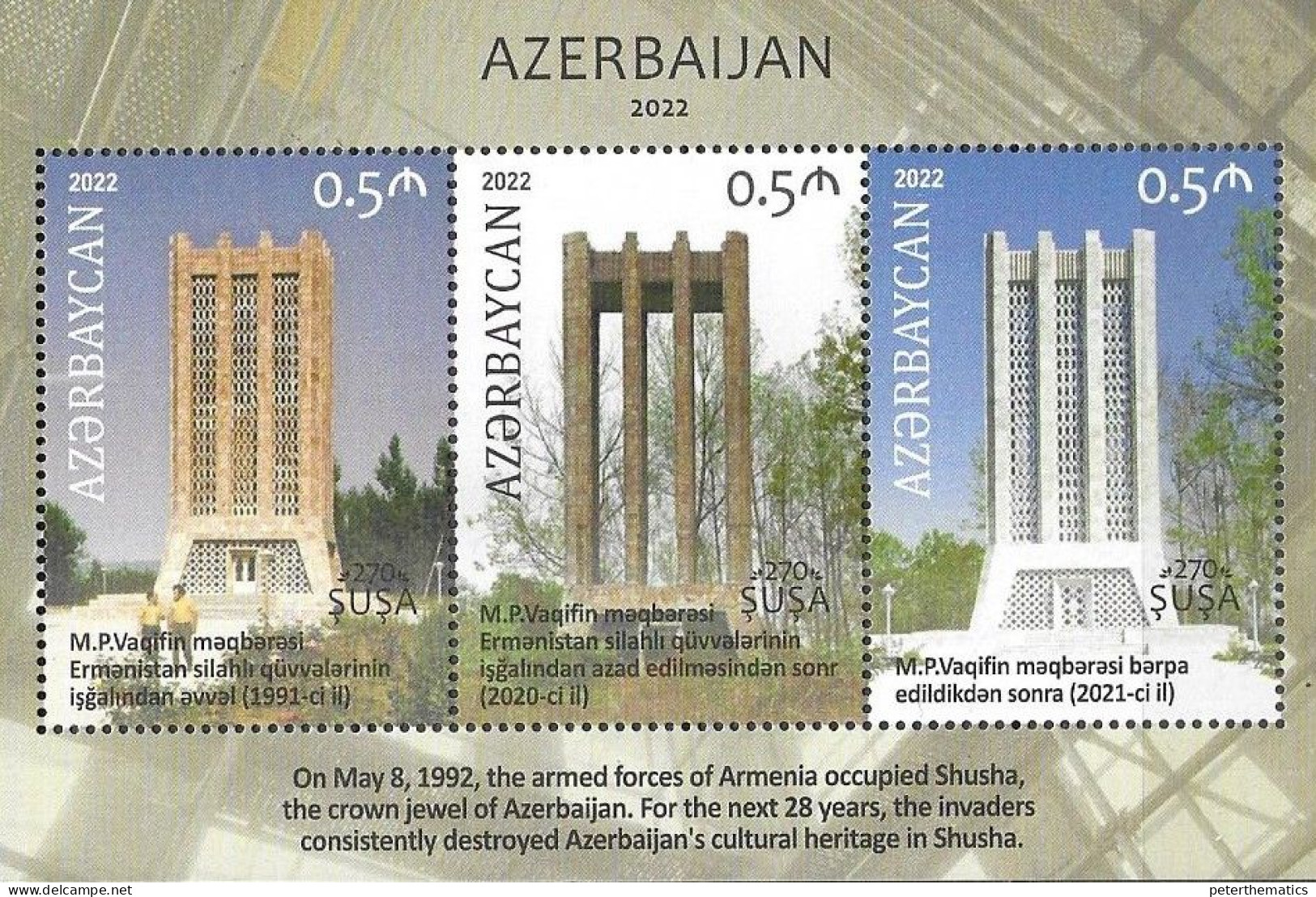 AZERBAIJAN, 2022, MNH, 270th ANNIVERSARY OF SHUSHA , MASOLEUMS, MASOLEUM OF M.P. VAQIFIN, SHEETLET OF 3v - Mosquées & Synagogues