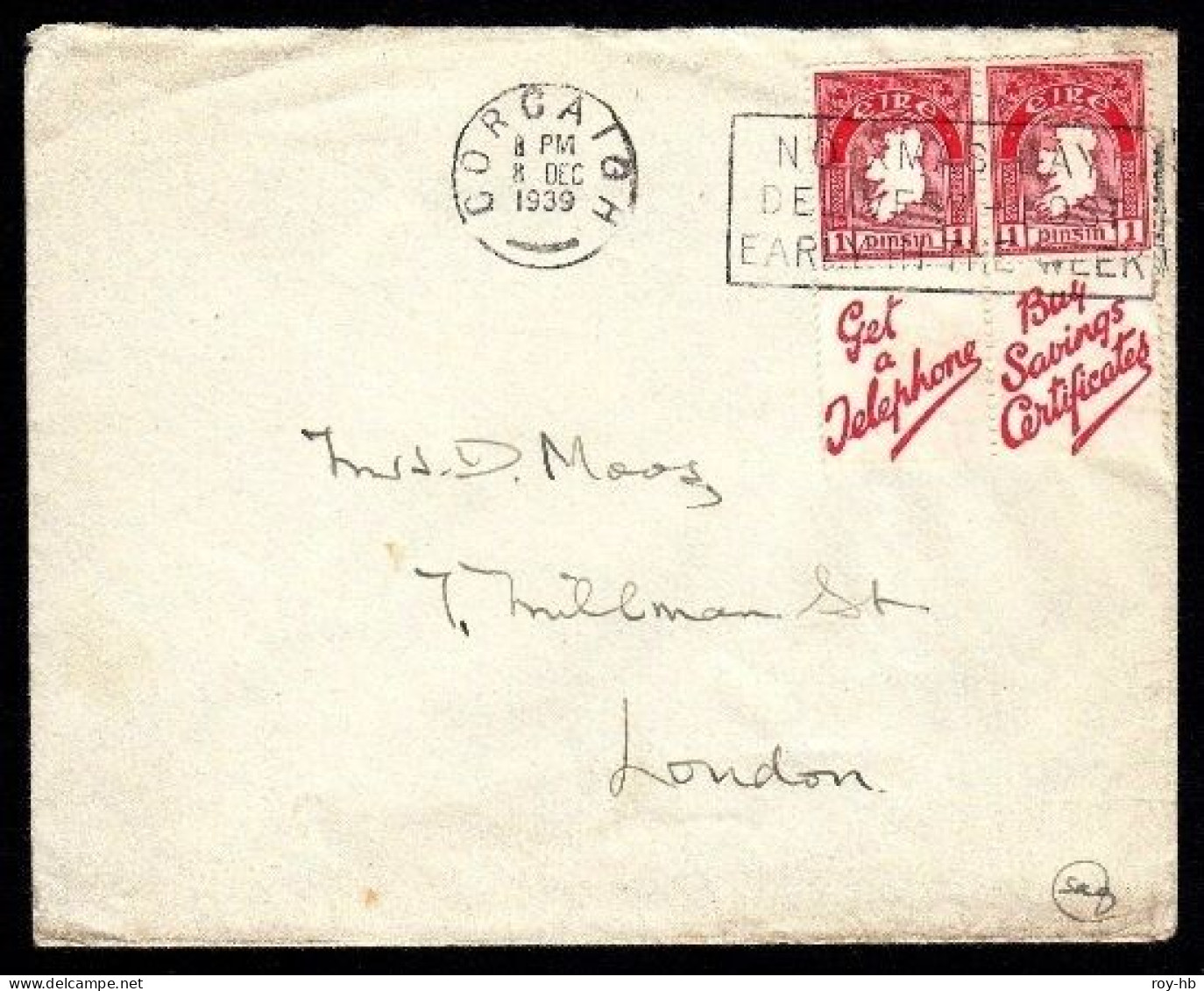 1939 Commercial Cover From Cork To London With 1d Booklet Pair - Brieven En Documenten