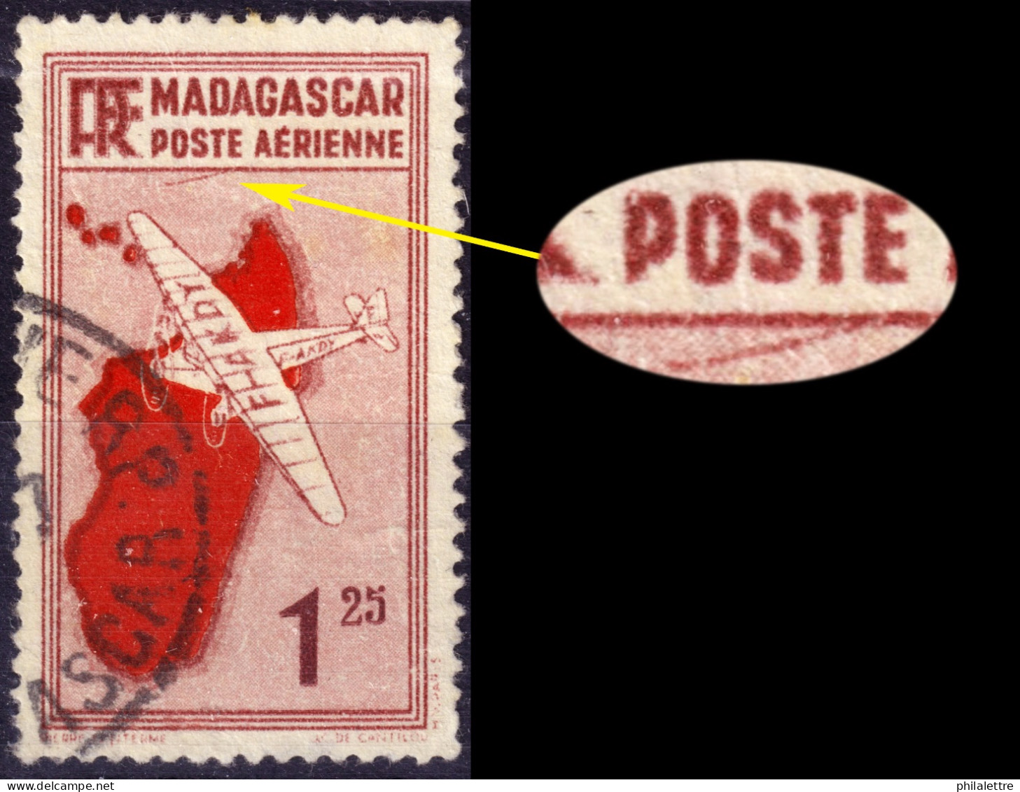 MADAGASCAR - 1935-38 - Yv.PA2a Variété 'Trait Sous Le "S" De "POSTES" ' Sur 1fr25 Avion & Ile Rouge - Oblitéré TB - Posta Aerea