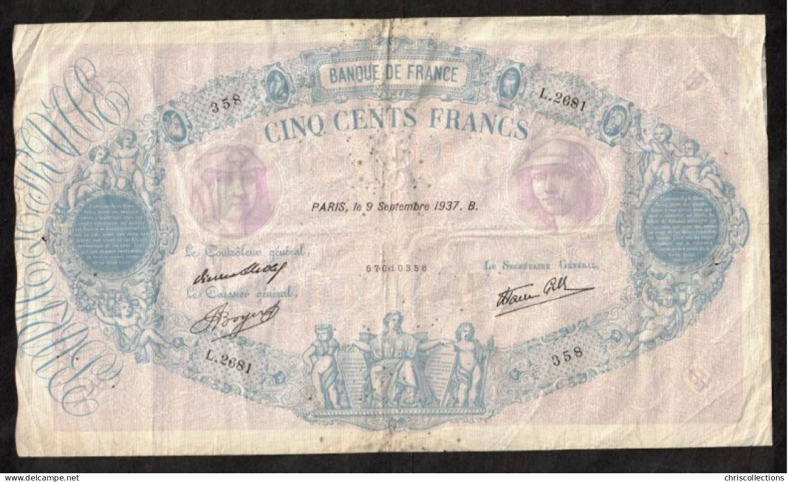 FRANCE - 500 Francs Bleu Et Rose - 09/09/1937 - TB - F. : 31/3 - 100 F 1888-1909 ''Bleu Et Rose''