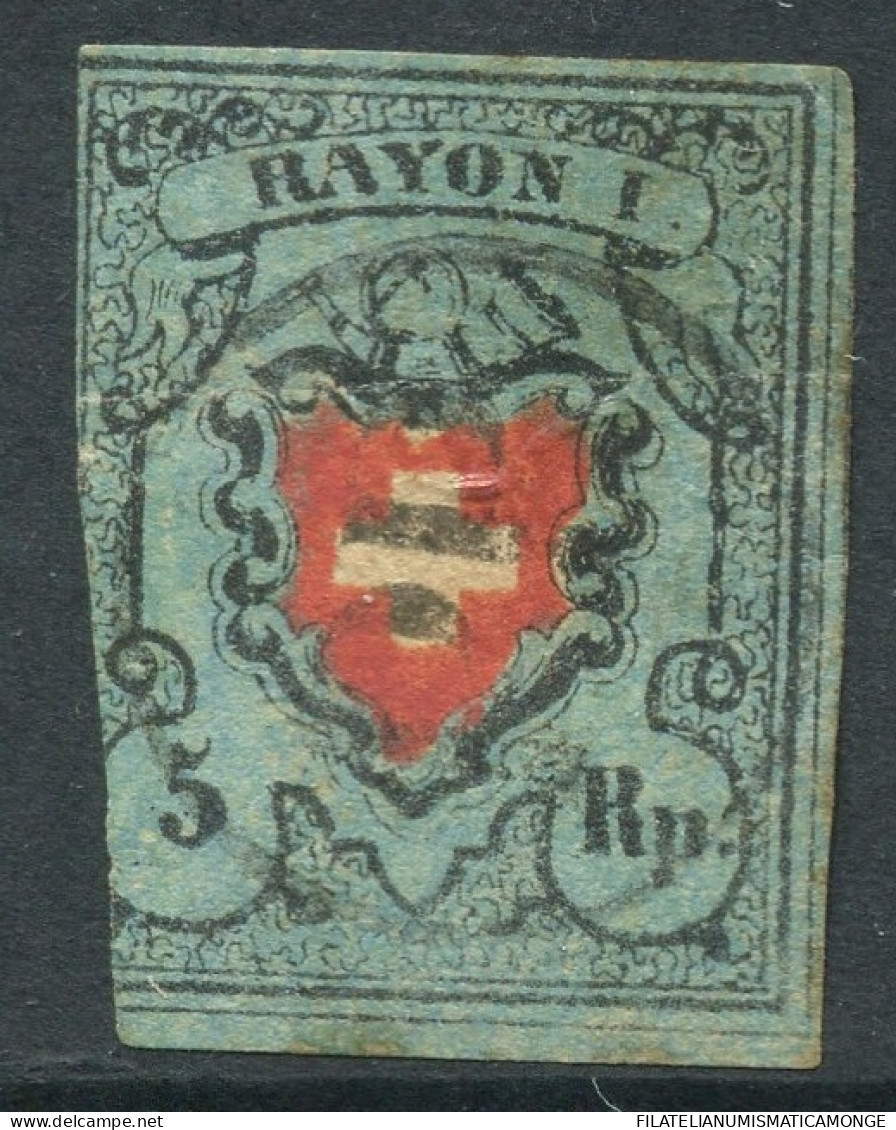 Suiza 1850 Correo 14 US 5 Rp. 1850 Azul / Margen Izquierdo Recortado  - 1843-1852 Federal & Cantonal Stamps