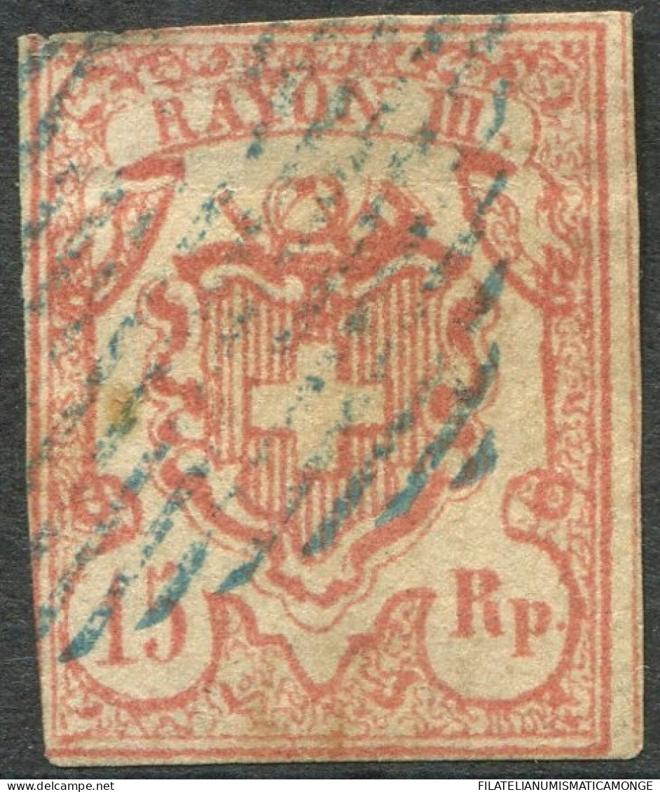 Suiza 1852 Correo 23 US 15 Rp. 1852 Rojo / Margens Justos  - 1843-1852 Federal & Cantonal Stamps