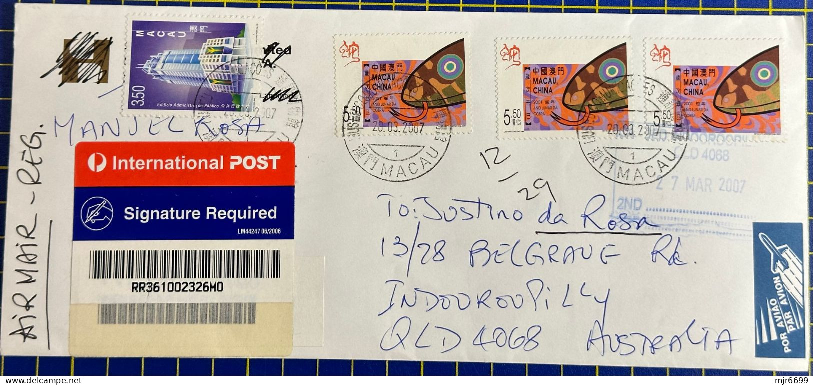 MACAU 2007 REGISTERED COVER TO AUSTRALIA WITH SNAKE AND ATM LABEL STAMPS - Briefe U. Dokumente