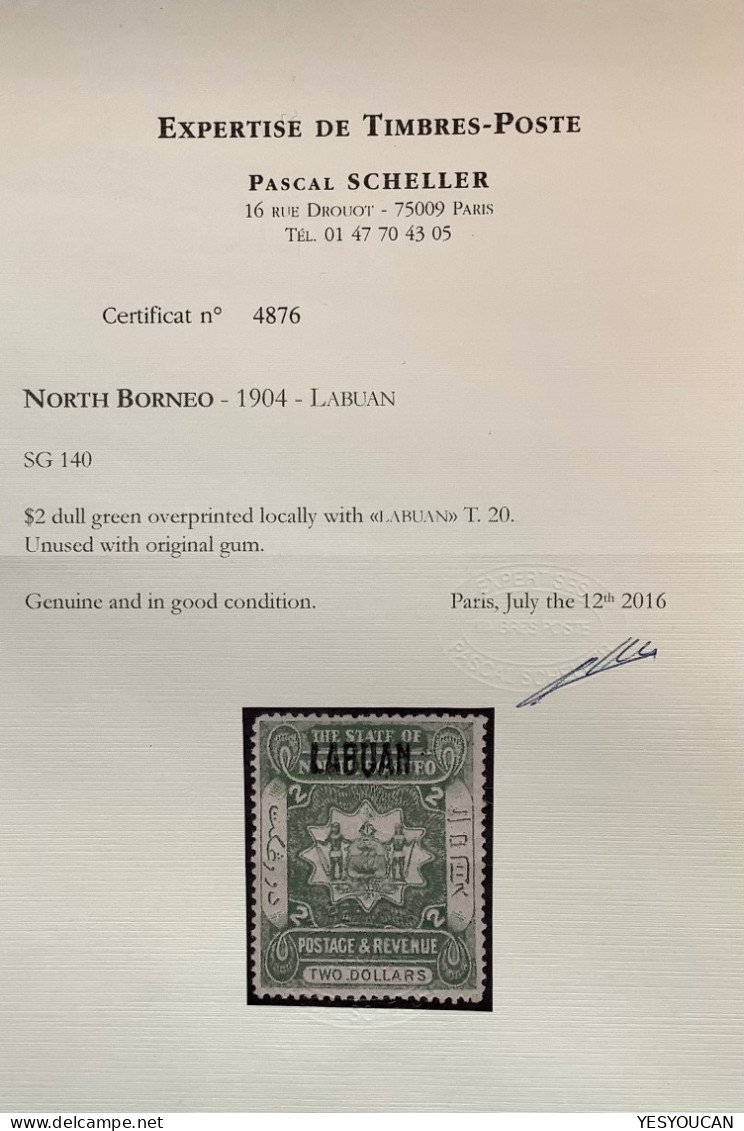 LABUAN 1904 SG 140 2$ Green Mint* XF RARITY Cert Scheller Ex Frazer (North Borneo Malaysia Straits Settlements Singapore - Borneo Del Nord (...-1963)