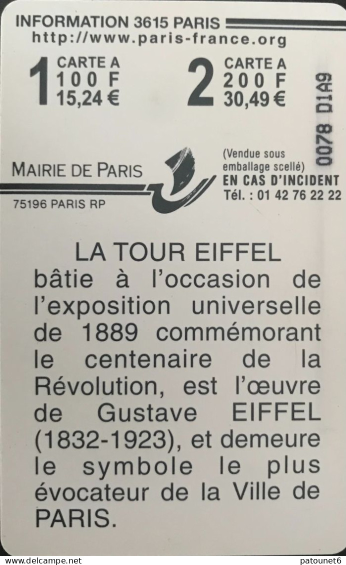 Stationnement  -  PARIS  -  1  -  La Tour Eiffel  -  100 Frcs (15,24 E.) - Cartes De Stationnement, PIAF