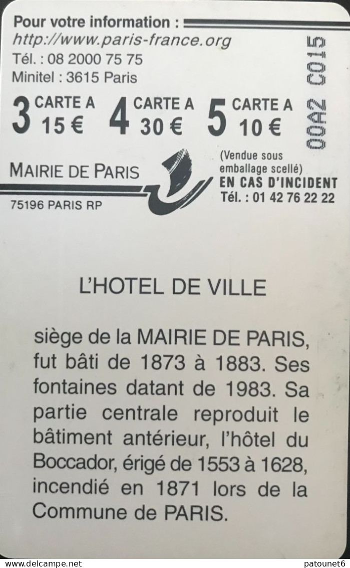 Stationnement  -  PARIS  -  4  -  L'Hotel De Ville   -  30 E. - PIAF Parking Cards