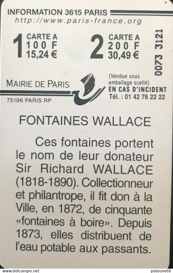 Stationnement  -  PARIS  -  1  -   Fontaines Wallace  -  100 Frcs (15,24 E.) - Cartes De Stationnement, PIAF