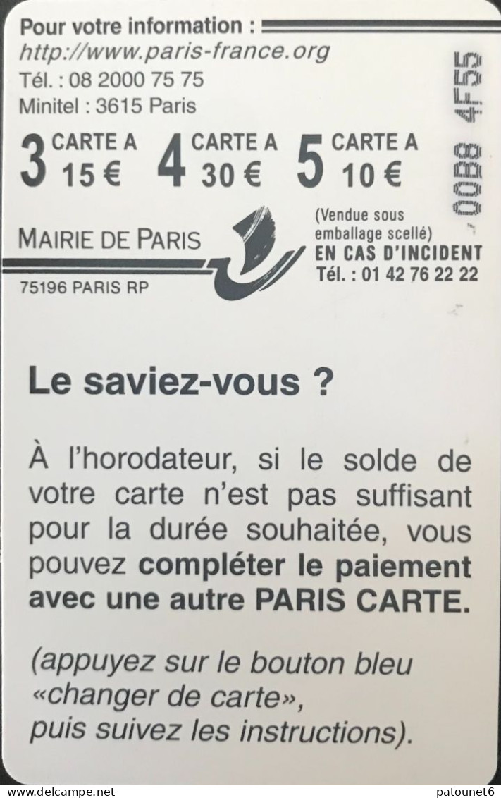 Stationnement  -  PARIS  -  5  -  Mairie De Paris  - 10 E. - PIAF Parking Cards