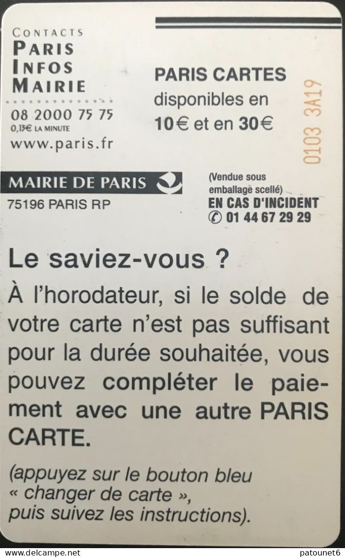 Stationnement  -  PARIS  -   Mairie De Paris  - 10 E. - PIAF Parking Cards