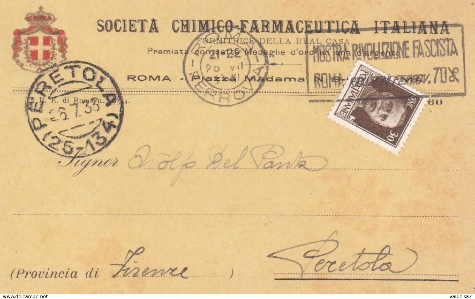 ROMA - PIAZZA MADAMA - CARTOLINA COMMERCIALE DELLA SOCIETA' CHIMICO FARMACEUTICA ITALIANA - STEMMA IN RILIEVO - 1933 - Santé & Hôpitaux