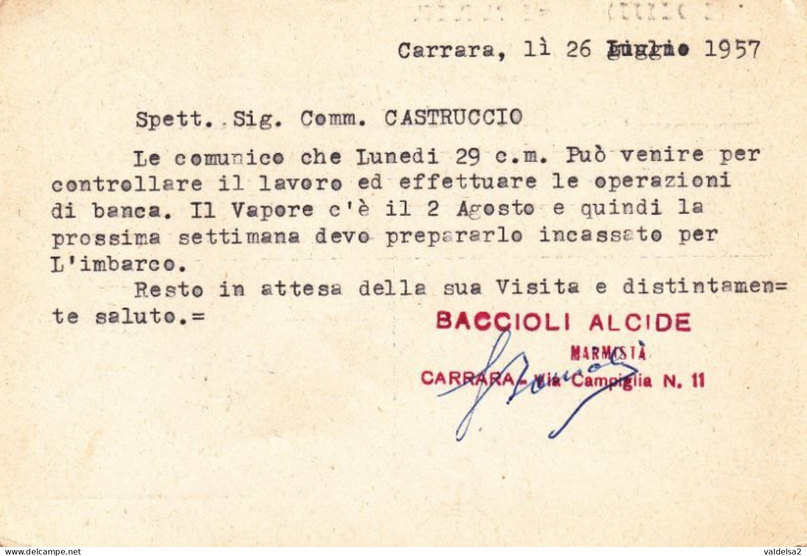 CARRARA - MASSA - CARTOLINA COMMERCIALE "ALCIDE BACCIOLI ARTIGIANO MARMISTA" - VIA CAMPIGLIA 11 - CAVA / MINIERA - 1957 - Carrara