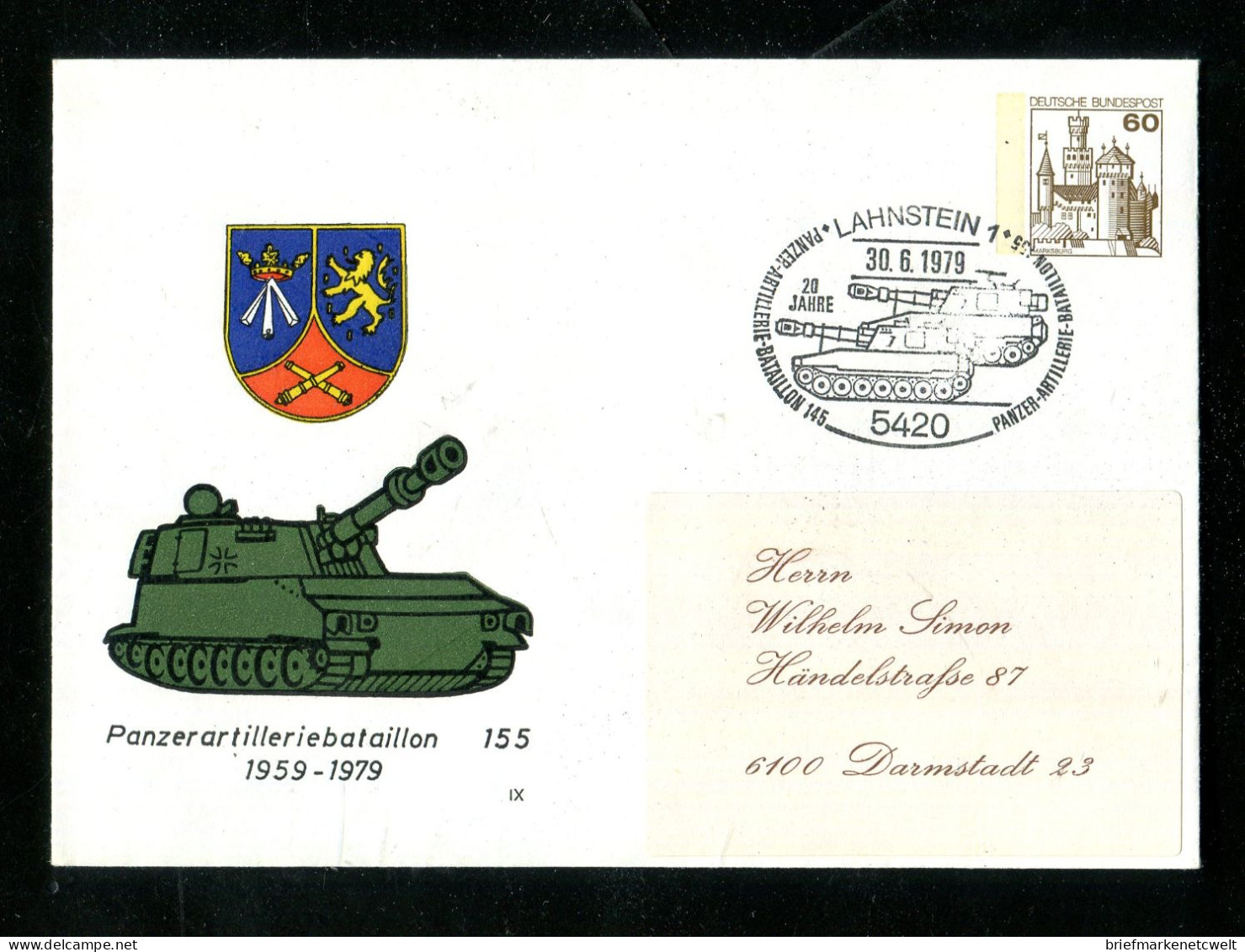 "BUNDESREPUBLIK DEUTSCHLAND" 1979, Privatganzsachenumschlag "Panzerartilleriebataillon" SSt. "Lahnstein" (16146) - Enveloppes Privées - Oblitérées