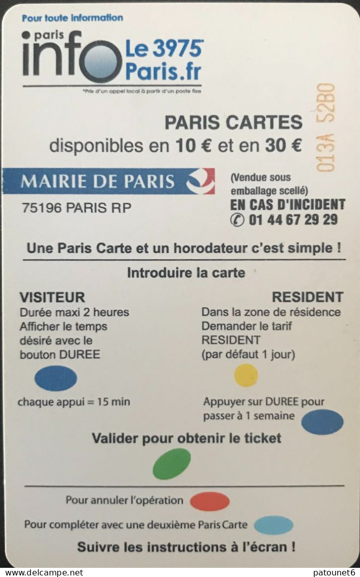 Stationnement  -  PARIS  -  Abonnement Résident  -  10 E. - PIAF Parking Cards