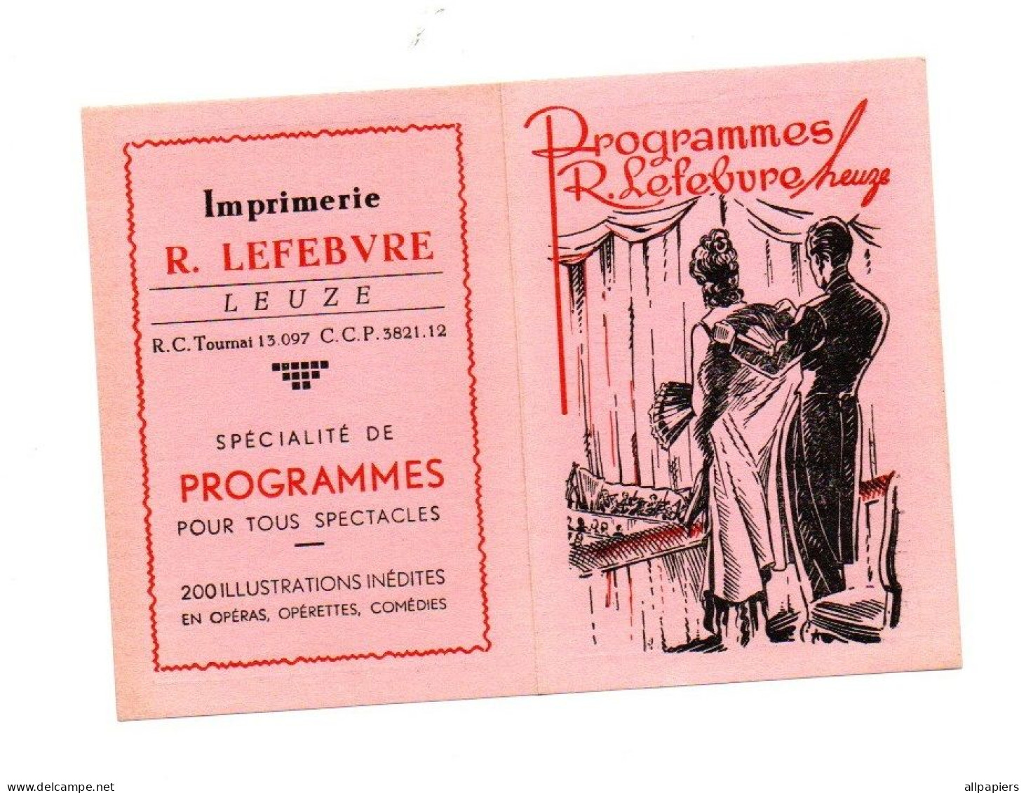 Petit Calendrier 1945 Imprimerie R. Lefebvre Spécialités De Programmes Pour Tous Spectacles Leuze - Petit Format : 1941-60