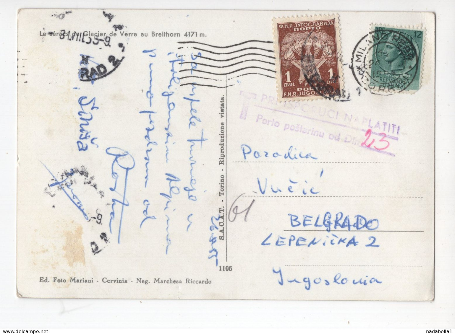 1955. YUGOSLAVIA,1 DIN. POSTAGE DUE APPLIED IN BELGRADE,POSTCARD USED FROM ITALY - Portomarken