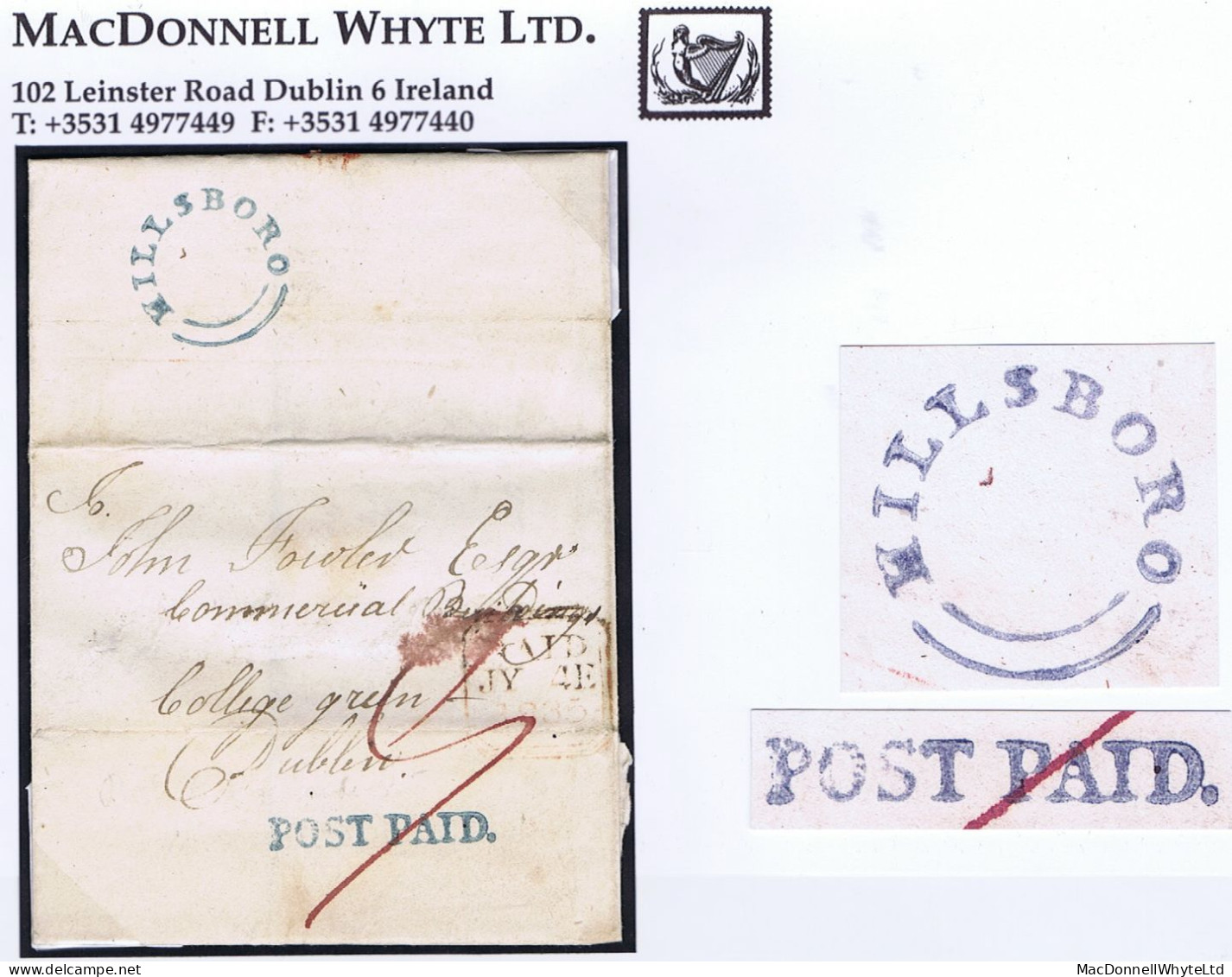 Ireland Down 1835 Masonoic Cover To Dublin Paid "9" With HILLSBORO Udc And POST PAID. Of Hillsborough In Blue - Préphilatélie