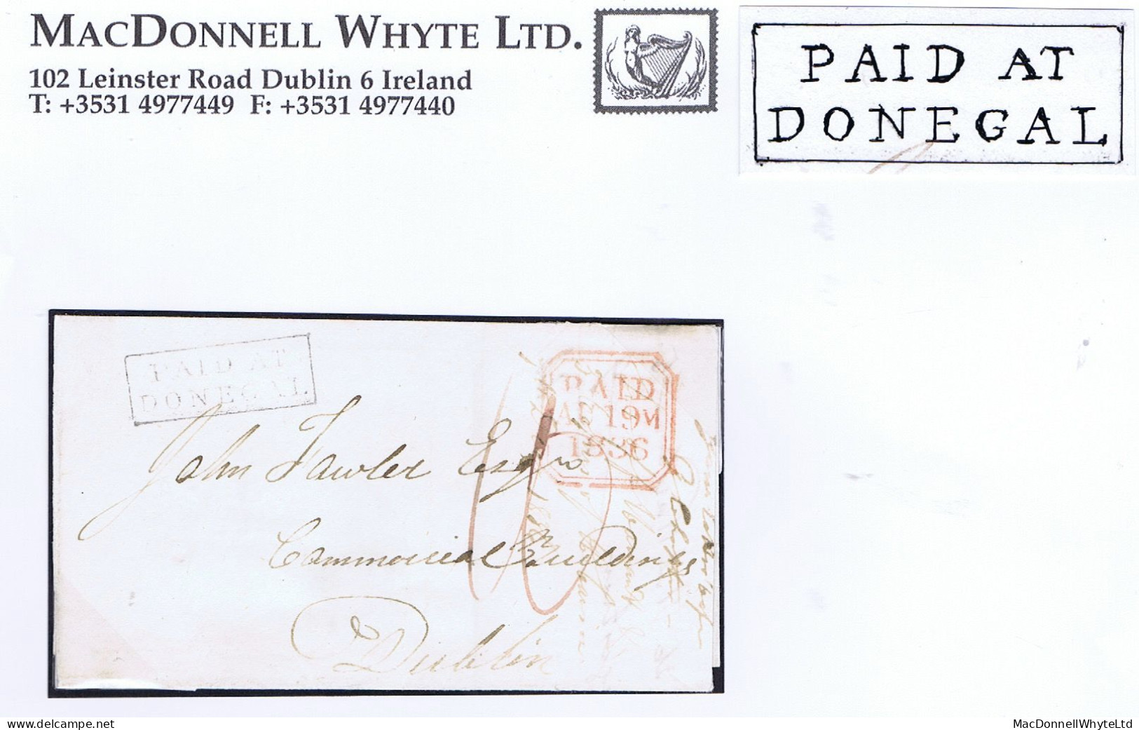 Ireland Donegal 1836 Masonic Cover To Dublin Prepaid "10" With Framed PAID AT/DONEGAL In Black - Prephilately