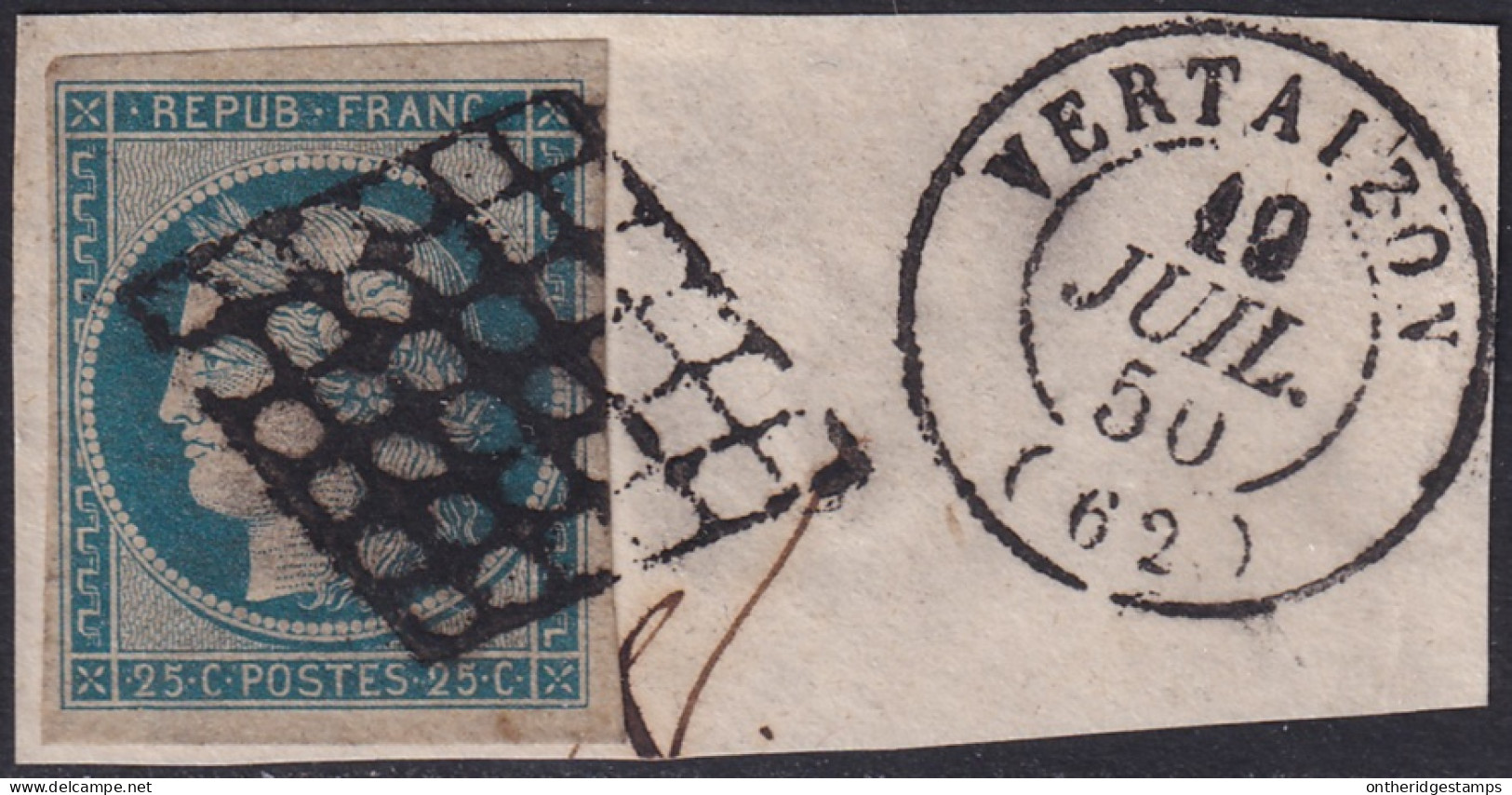 France 1850 Sc 6 Yt 4 Used Grille & Vertaizon Date Cancels On Piece - 1849-1850 Ceres