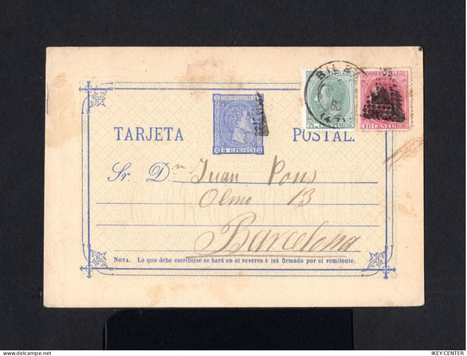 S3809-ESPAÑA-SPAIN.OLD POSTCARD BIDEBARRIETA To BARCELONA.1880.Tarjeta Postal ALFONSO XII.carte Postale.POSTKARTE - Cartas & Documentos