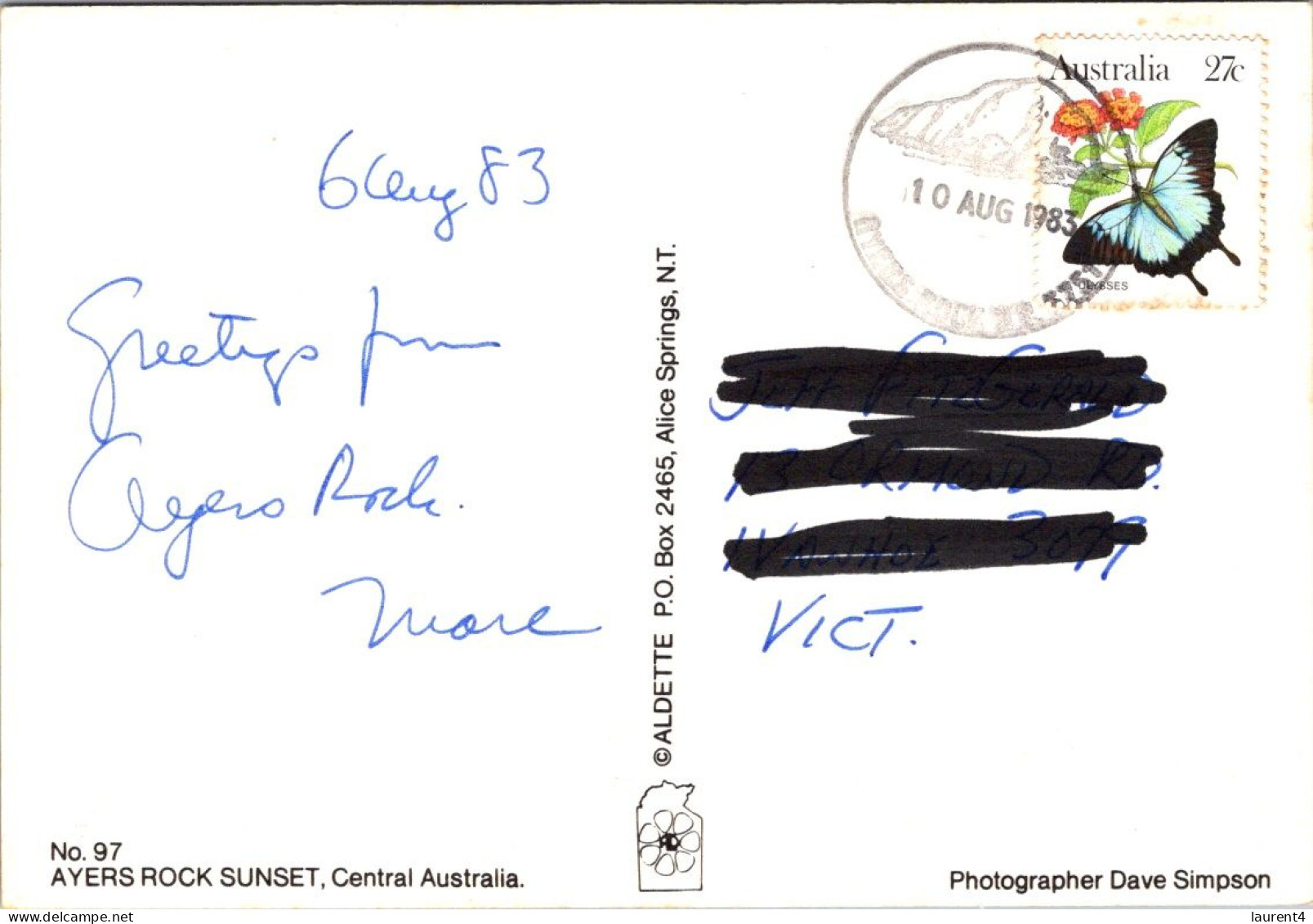(3 R 50) Australia - Ayers Rock Sunset (now Called Uluru) With Butterfly Stamp (posted 1983) - Uluru & The Olgas
