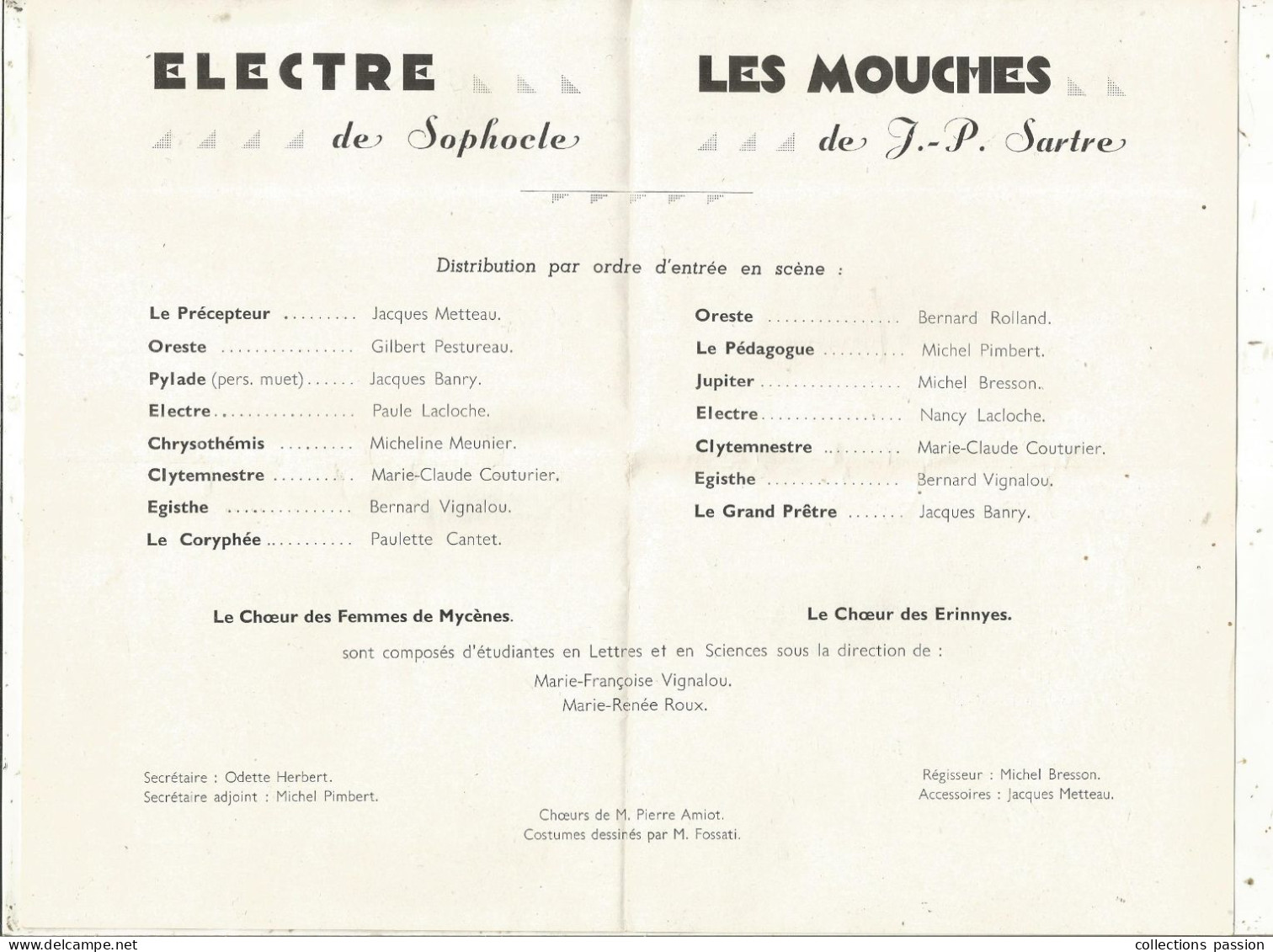 Programme, Groupe Du Théâtre Antique De L'Université De POITIERS, 1954, ELECTRE, LES MOUCHES, Frais Fr 1.65 E - Programma's