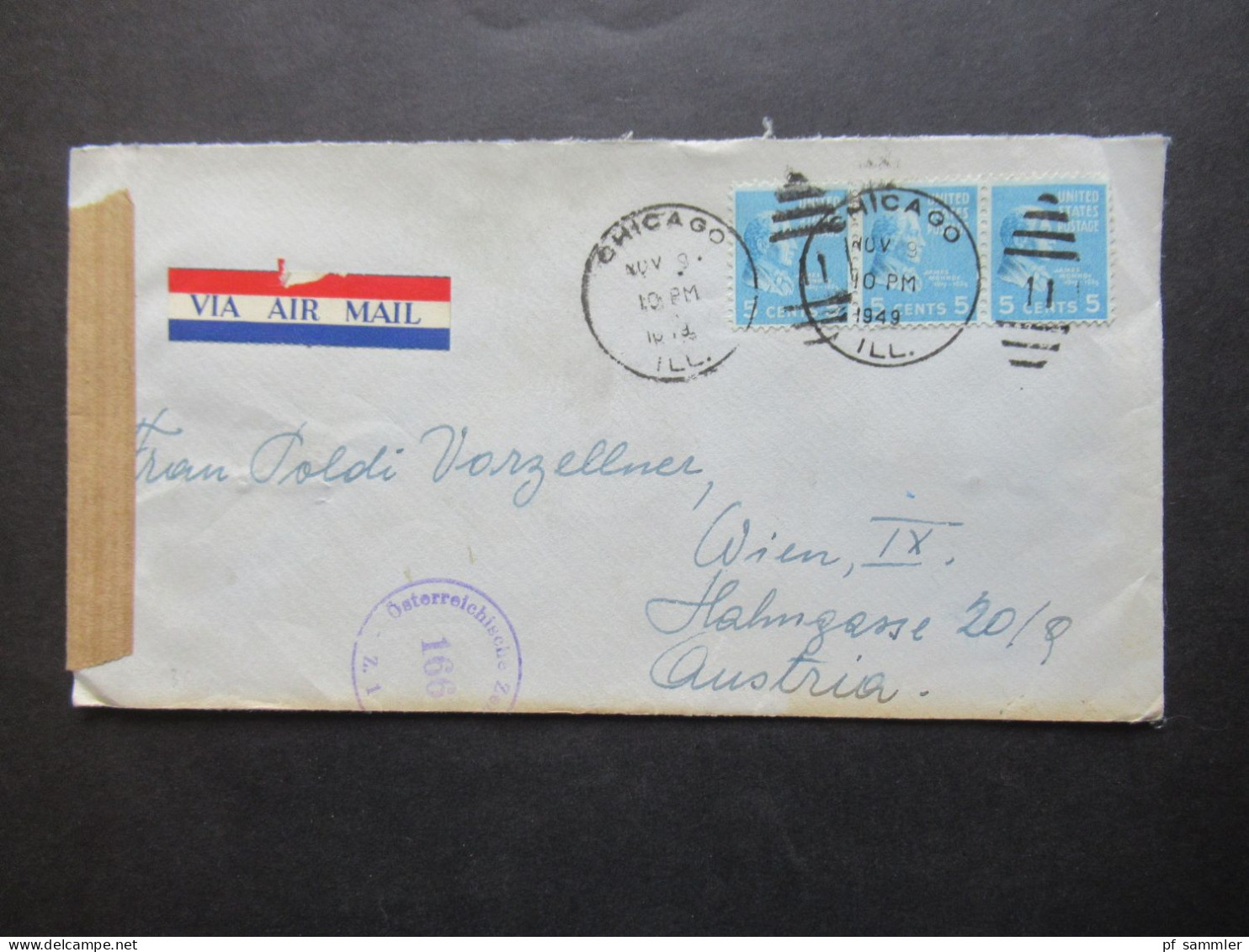 USA 1949 Via Air Mail Zensurbeleg / Zensurstempel Österreichische Zensurstelle 166 Auslandsbrief Chicago - Wien IX - Storia Postale
