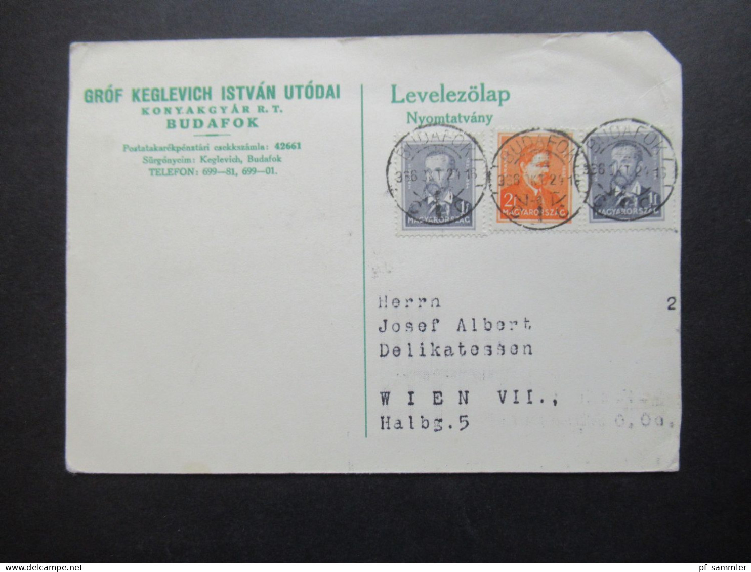 Ungarn 1936 Postkarte / Werbe PK Stefan Mit Der Krone 1882 / Pusztagold /Grof Keglevich Istvan Utodai Budafok Nach Wien - Brieven En Documenten