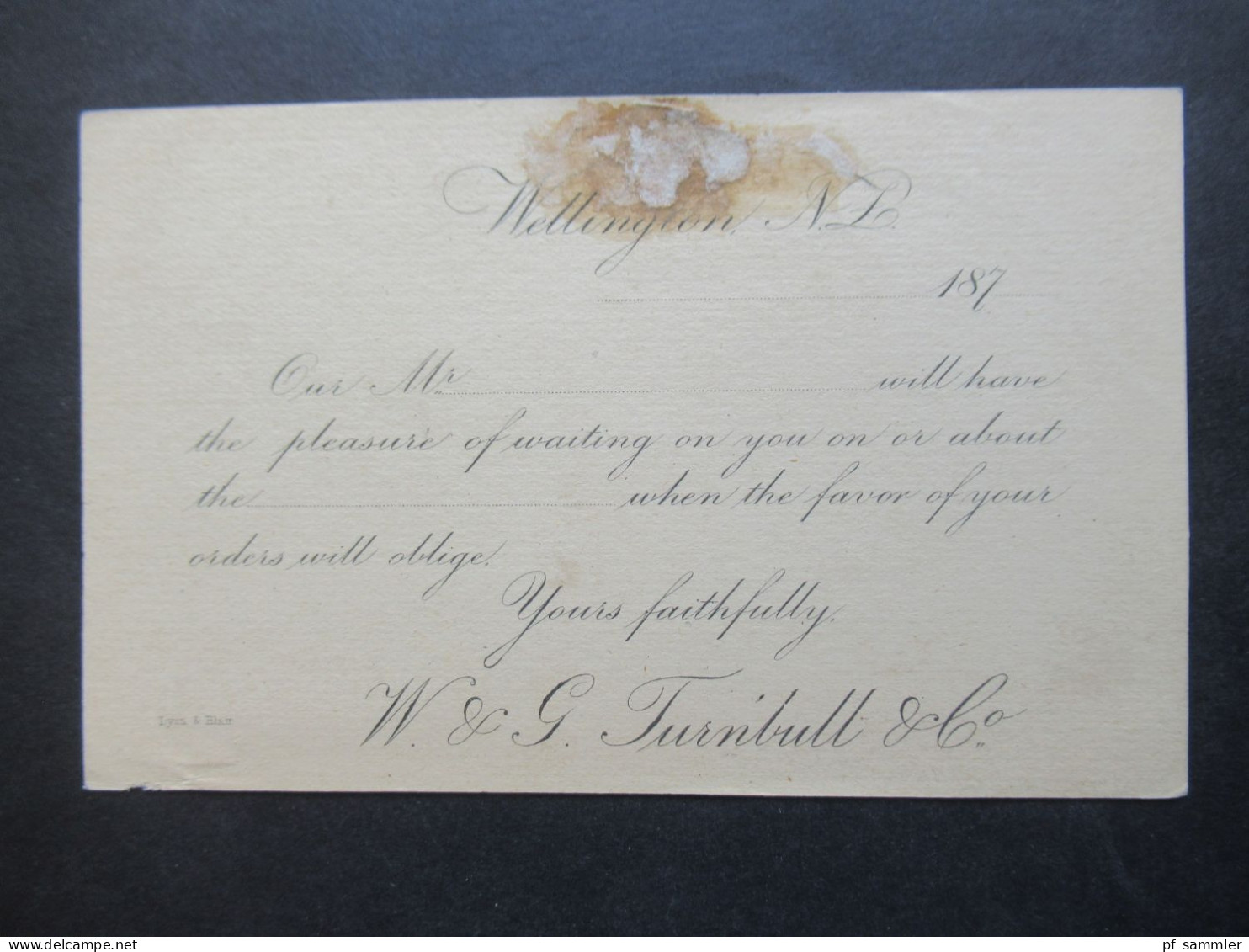 Neuseeland New Zealand Ganzsache / Bedrucke Karte Wellingten Um 1870 / W & G Turnbull & Co. (Lyon & Blair) - Postal Stationery