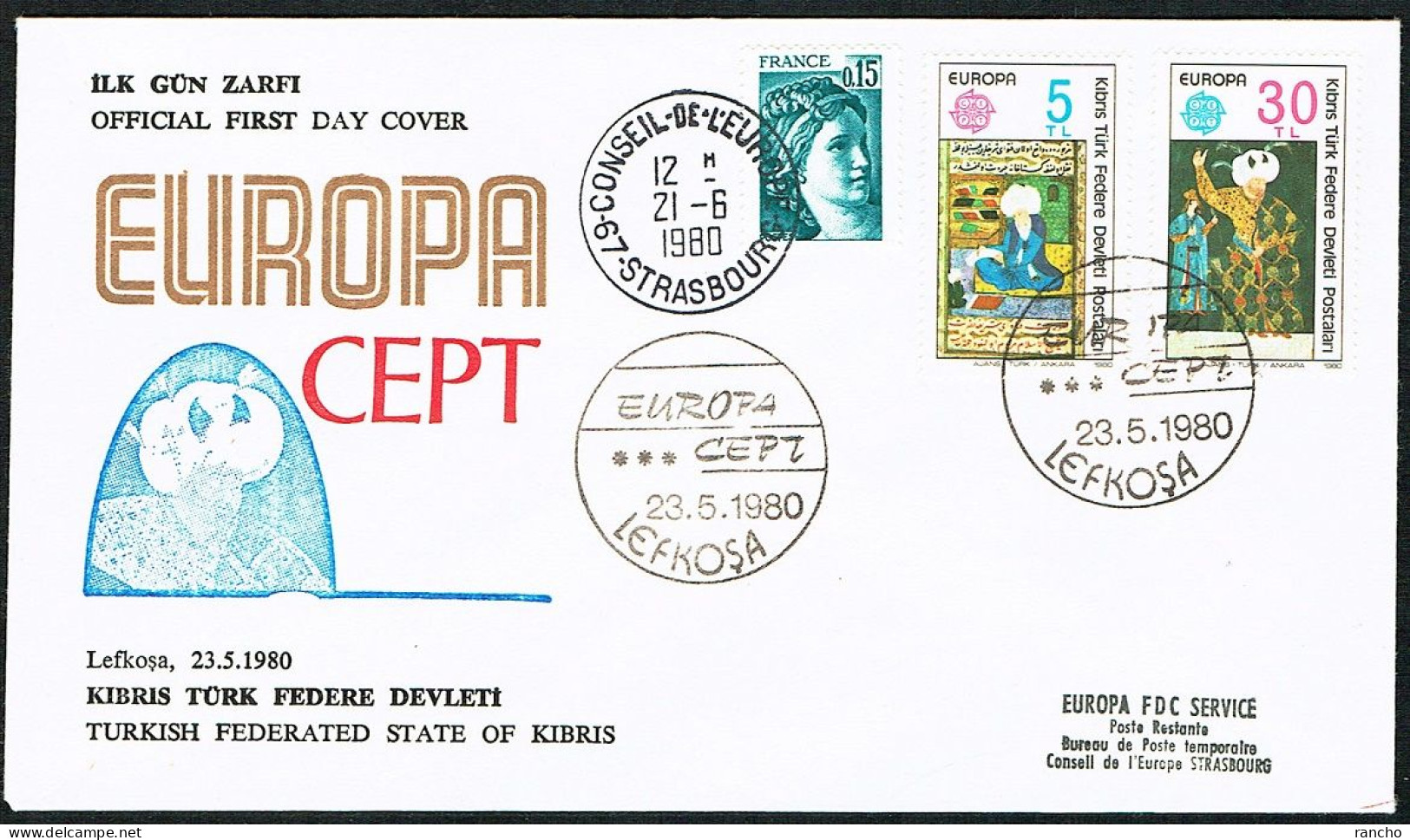 EUROPA FDC SERVICE . TIRAGE LIMITE Nr:70/26. DU CONSEIL DE L'EUROPE STRASBOURG. LEFKOSA .23.5.1980. TURQUIE. - 1934-39 Sandjak D'Alexandrette & Hatay