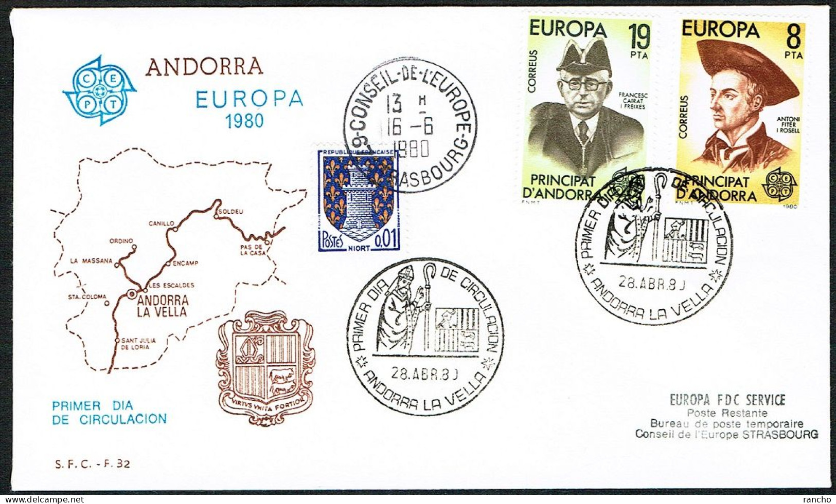 EUROPA FDC SERVICE . TIRAGE LIMITE Nr:60/20 DU CONSEIL DE L'EUROPE STRASBOURG. ANDORRE LA VIEILLE .28.ABR.1980. - Brieven En Documenten