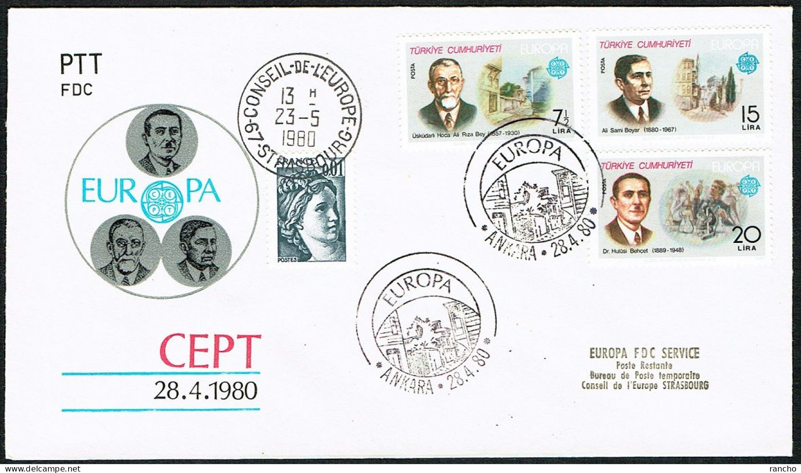 EUROPA FDC SERVICE . TIRAGE LIMITE Nr:60/20 DU CONSEIL DE L'EUROPE STRASBOURG. ANKARA .28.4.1980.TURQUIE. - 1934-39 Sandjak Alexandrette & Hatay