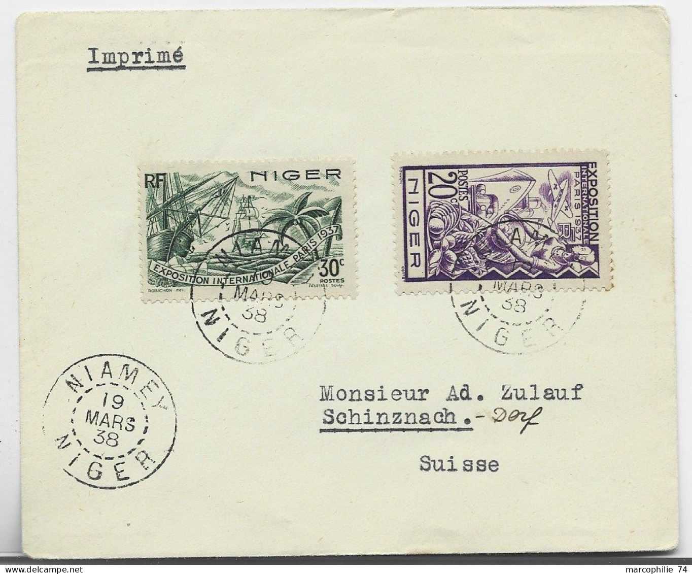 NIGER 20C+30C LETTRE COVER NIAMEY 19 MARS 38 POUR SUISSE - Storia Postale