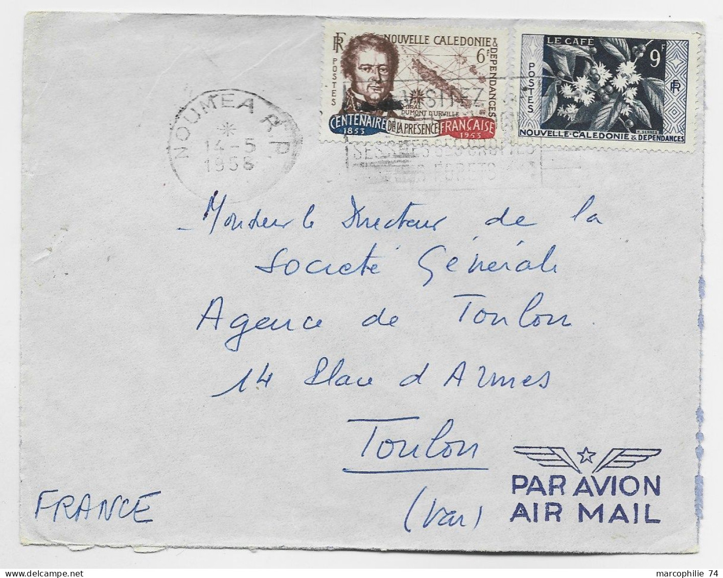 NOUVELLE CALEDONIE 6FR+9FR LETTRE COVER AVION NOUMEA RP 14.5.1958 POUR TOULON - Covers & Documents