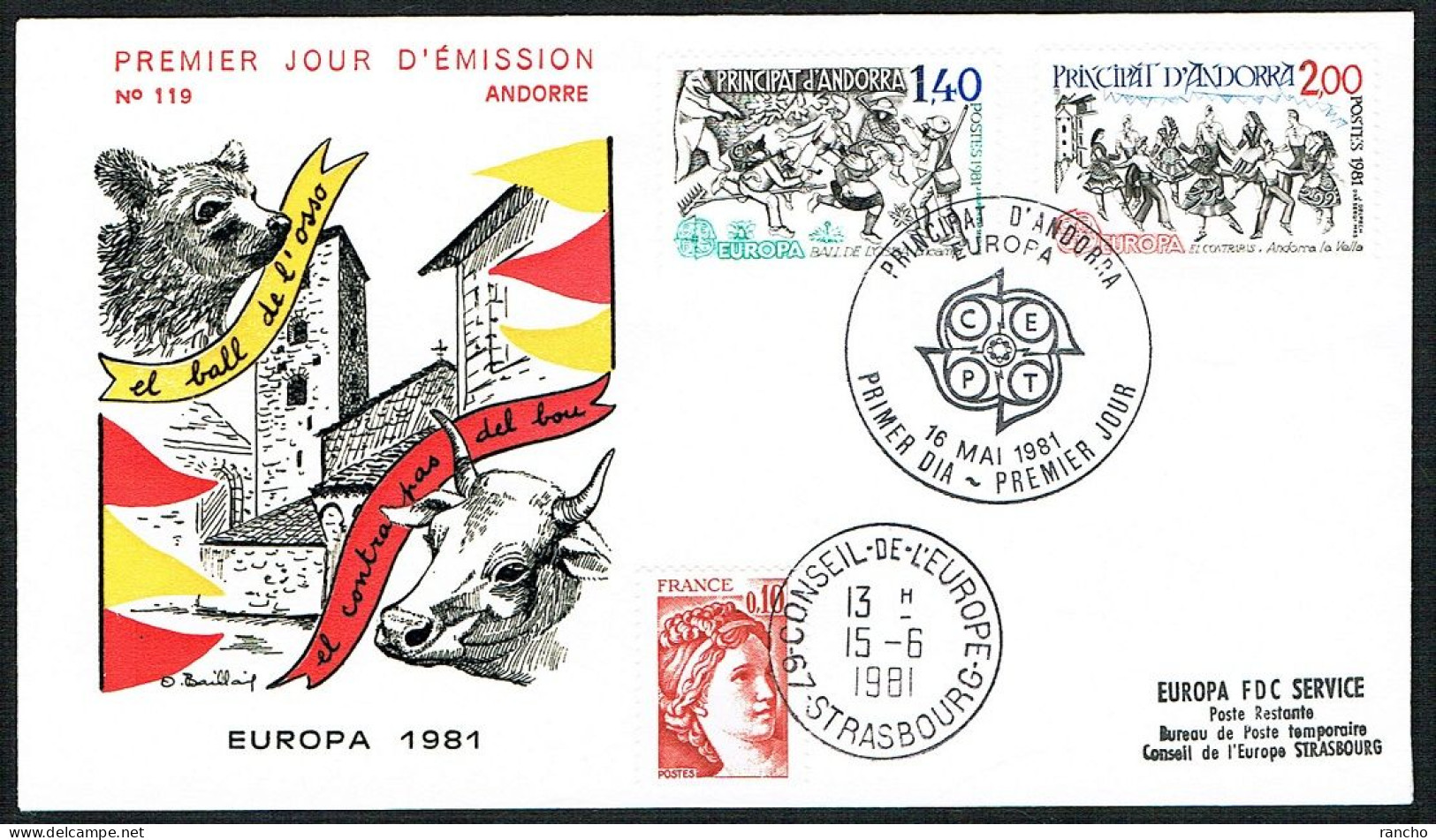 EUROPA FDC SERVICE . TIRAGE LIMITE Nr:60/23 DU CONSEIL DE L'EUROPE STRASBOURG . ANDORRE LA VIEILLE.16.5.1981. - Storia Postale