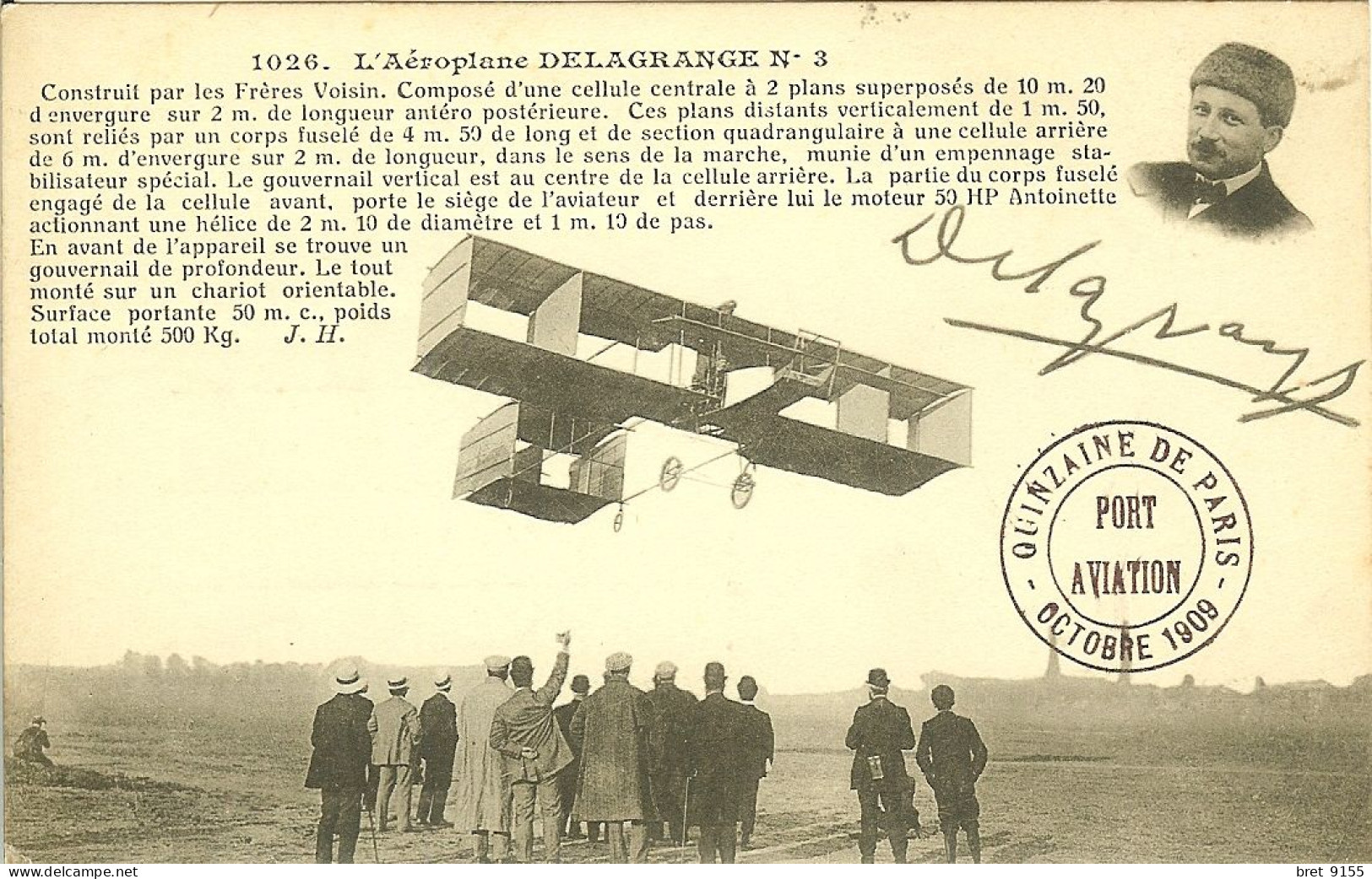 91 VIRY CHATILLON PORT AVIATION L AEROPLANE DELAGRANGE N°3 OCTOBRE 1909 DEDICACE SOUS SA PHOTO - Viry-Châtillon