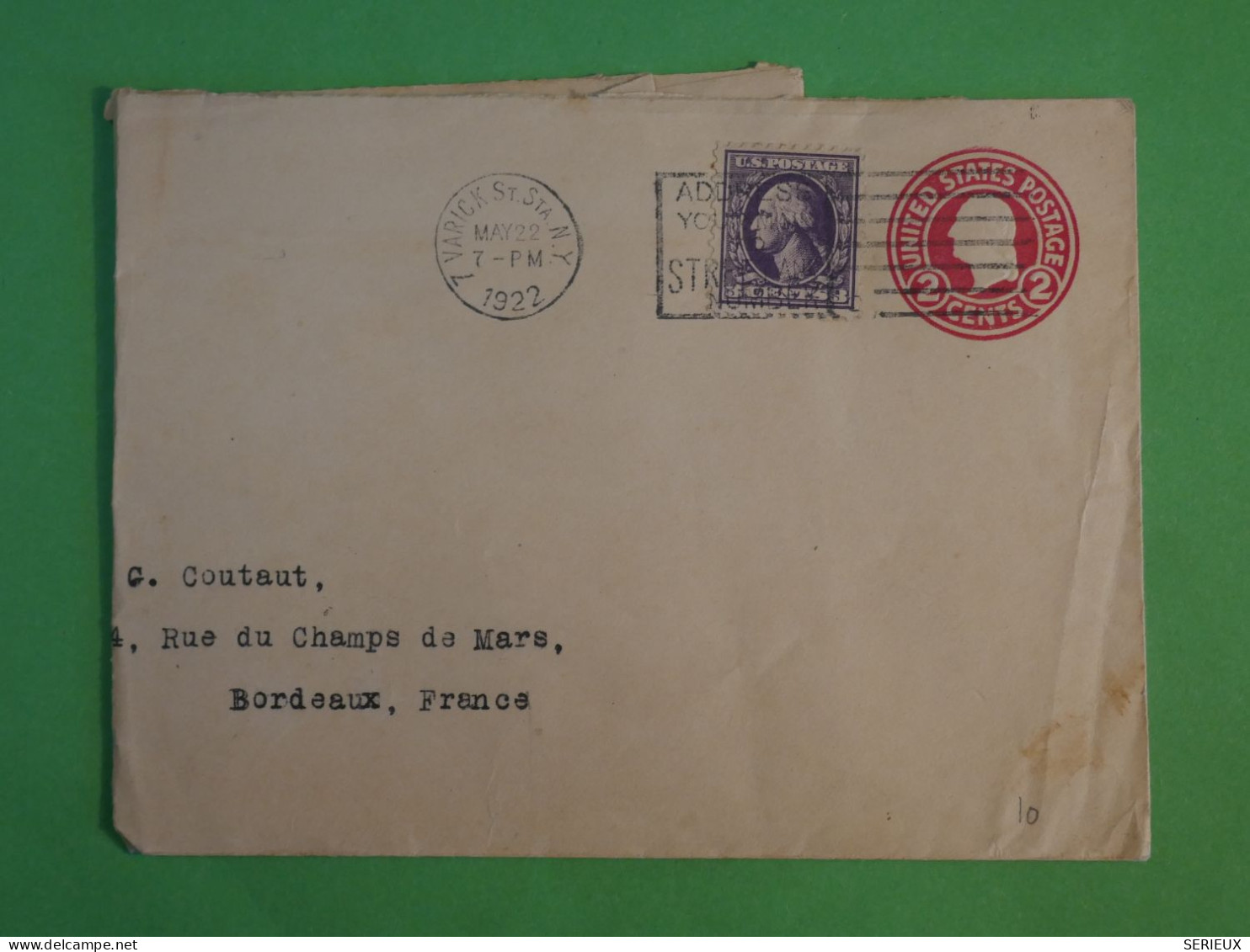 BU5  ETATS UNIS LETTRE 1922  VARICK ?  A BORDEAUX   +AFF.  INTERESSANT+ - Lettres & Documents