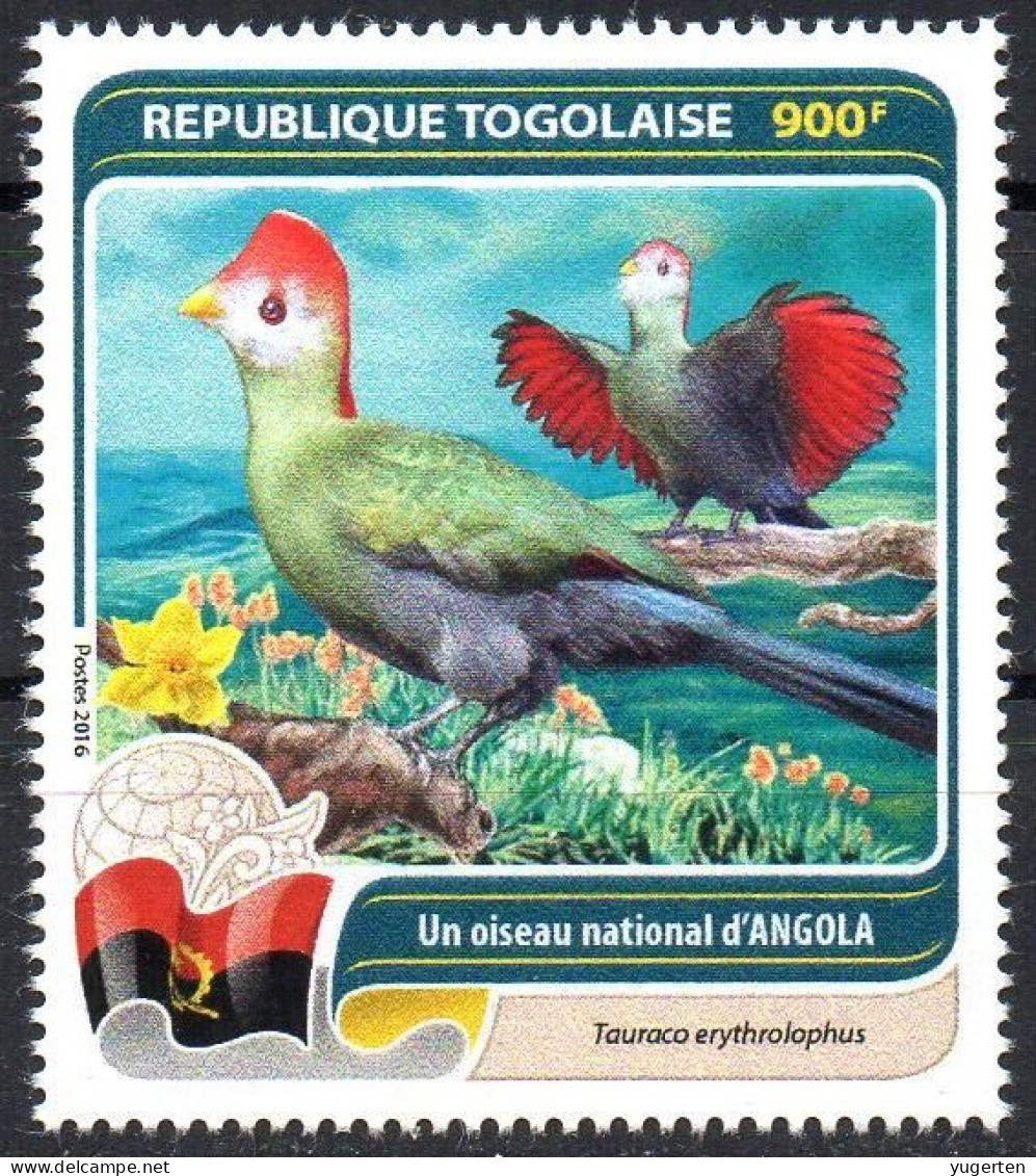 TOGO 2016 1v - MNH - National Bird Of Angola - Touraco De Pauline - Birds - Red-crested Turaco - Rothaubenturako - Flag - Kuckucke & Turakos