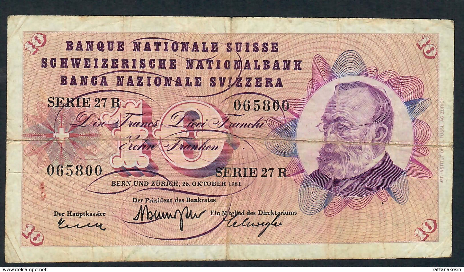 SUISSE P45g 10 FRANCS 26.10.1961  FINE - Switzerland