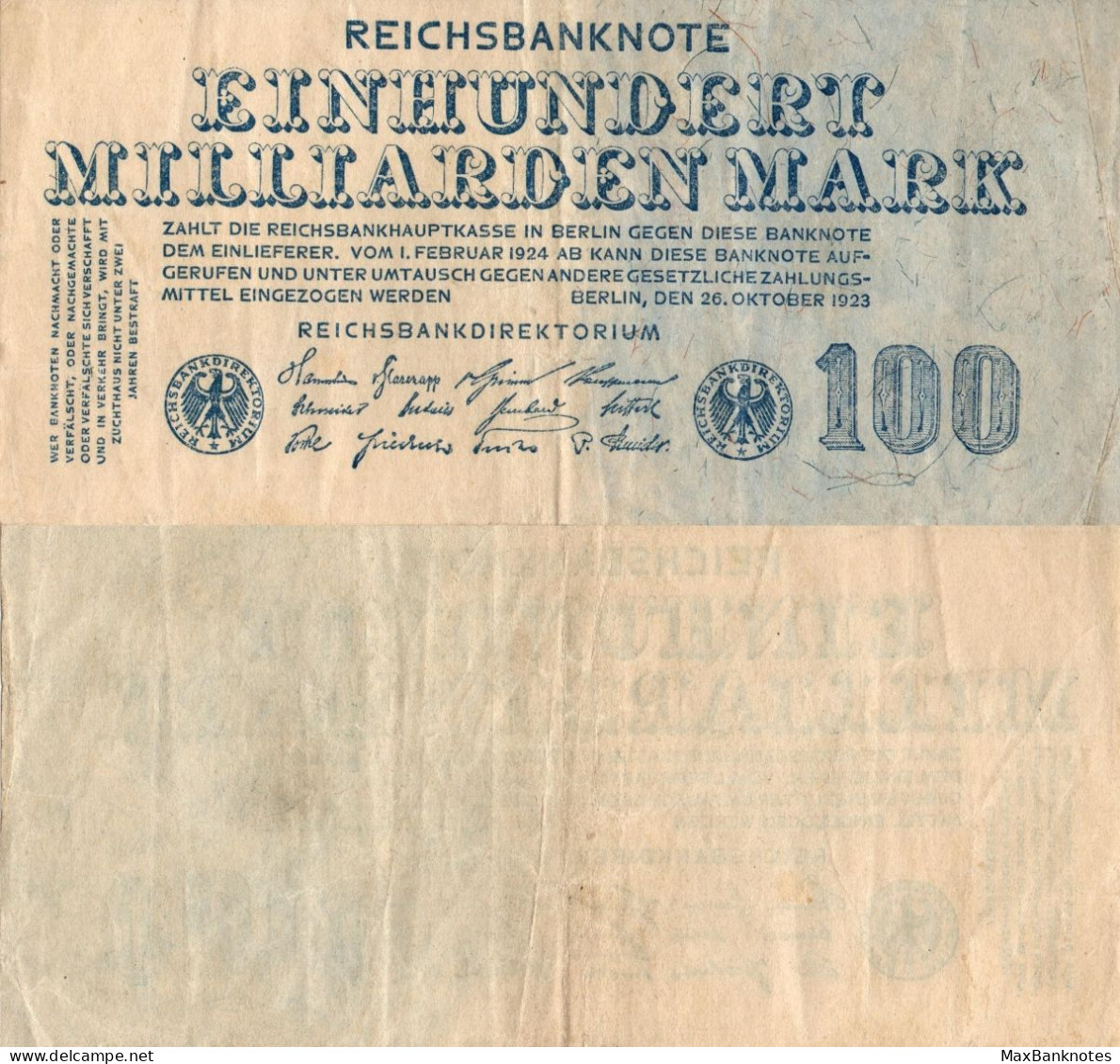 Germany / 100.000.000.000 Mark / 1923 / P-126(a) / VF - 100 Mrd. Mark