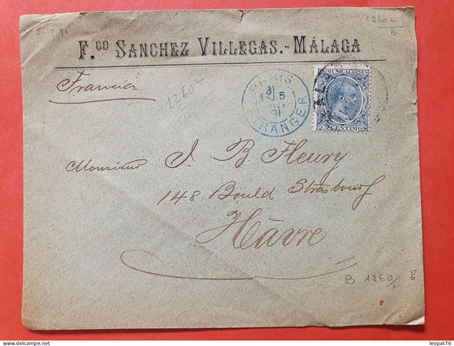 Espagne - Enveloppe Commerciale De Malaga Pour Le Havre ( France ) En 1891 - Réf J 132 - Covers & Documents