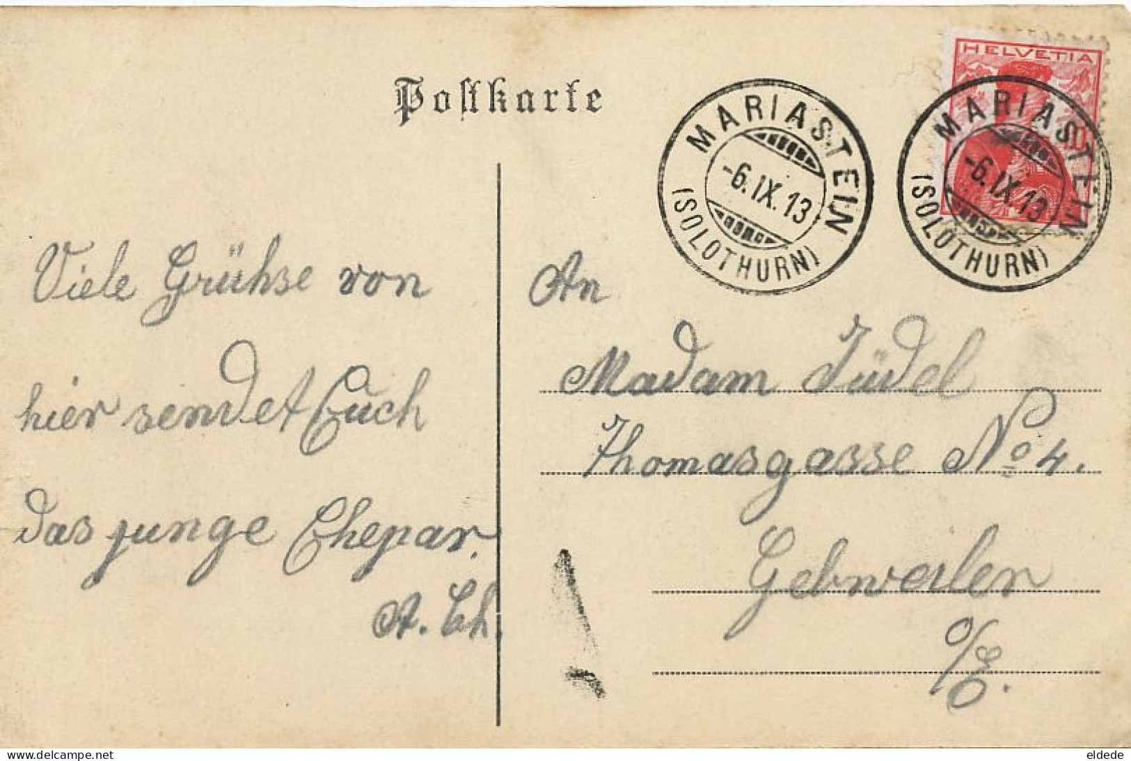 Hotel De La Poste Mariastein Prop. Tschuy Bader  Timbrée 1913 Vers Judel Guebwiller - Metzerlen-Mariastein