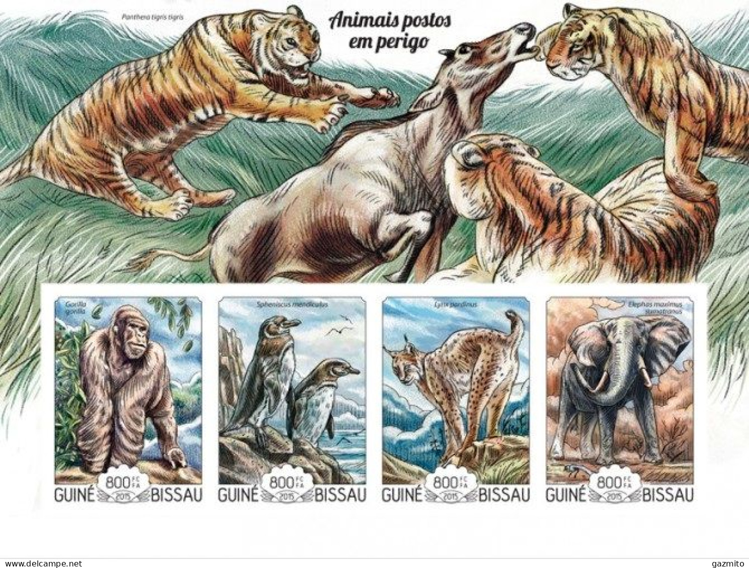 Guinea Bissau 2015, Animals In Danger, Gorilla, Penguins, Elephant, Tiger, Wild Cat, 4val In BF IMPERFORATED - Gorilas