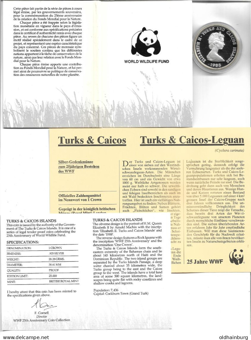 1149b: WWF- Münze Turks & Caicos 1988, Leguan PP 28,28 Gramm Proof - Turks & Caicos (Inseln)