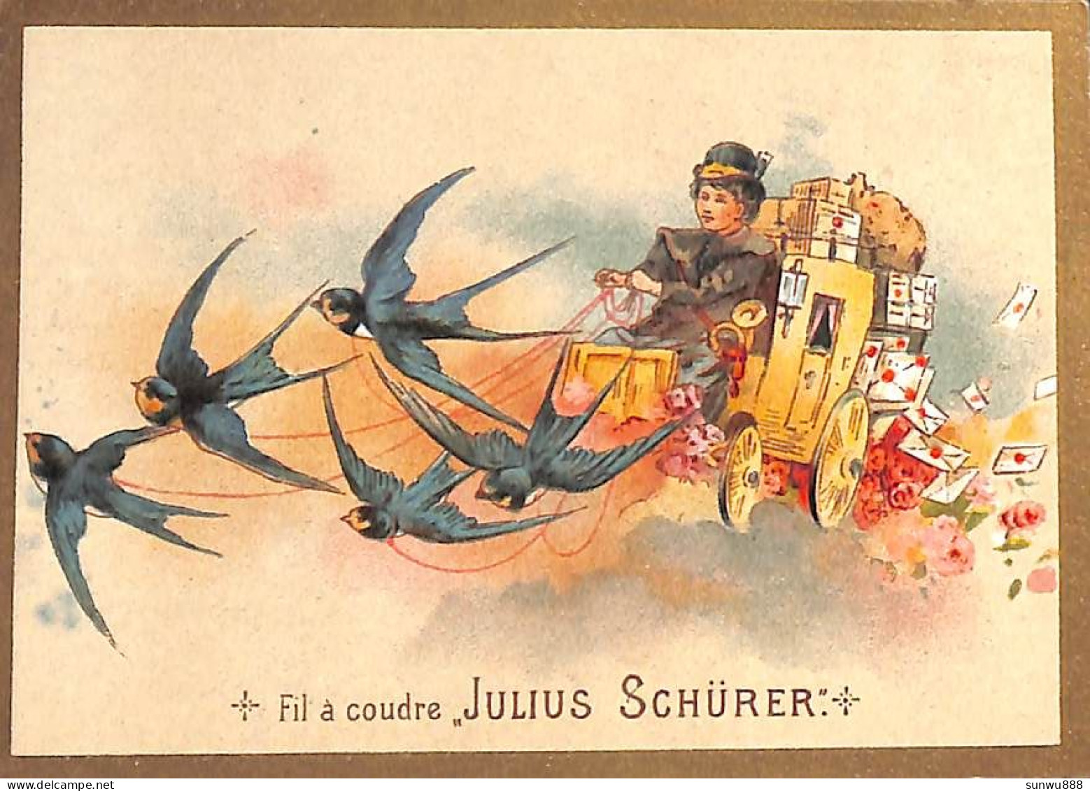 Calendrier Chromo Fil à Coudre Julius Schürer 1892, Bord Doré Malle Poste - Klein Formaat: ...-1900